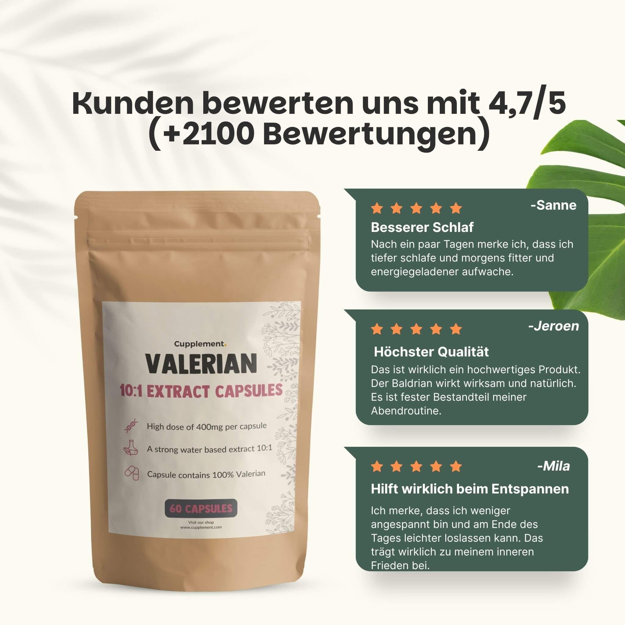 Beutel mit Kapseln. Aufschrift: Valerian 10:1 Extract Capsules. 60 Kapseln. Enthält 100% Baldrian. Braune Verpackung.
