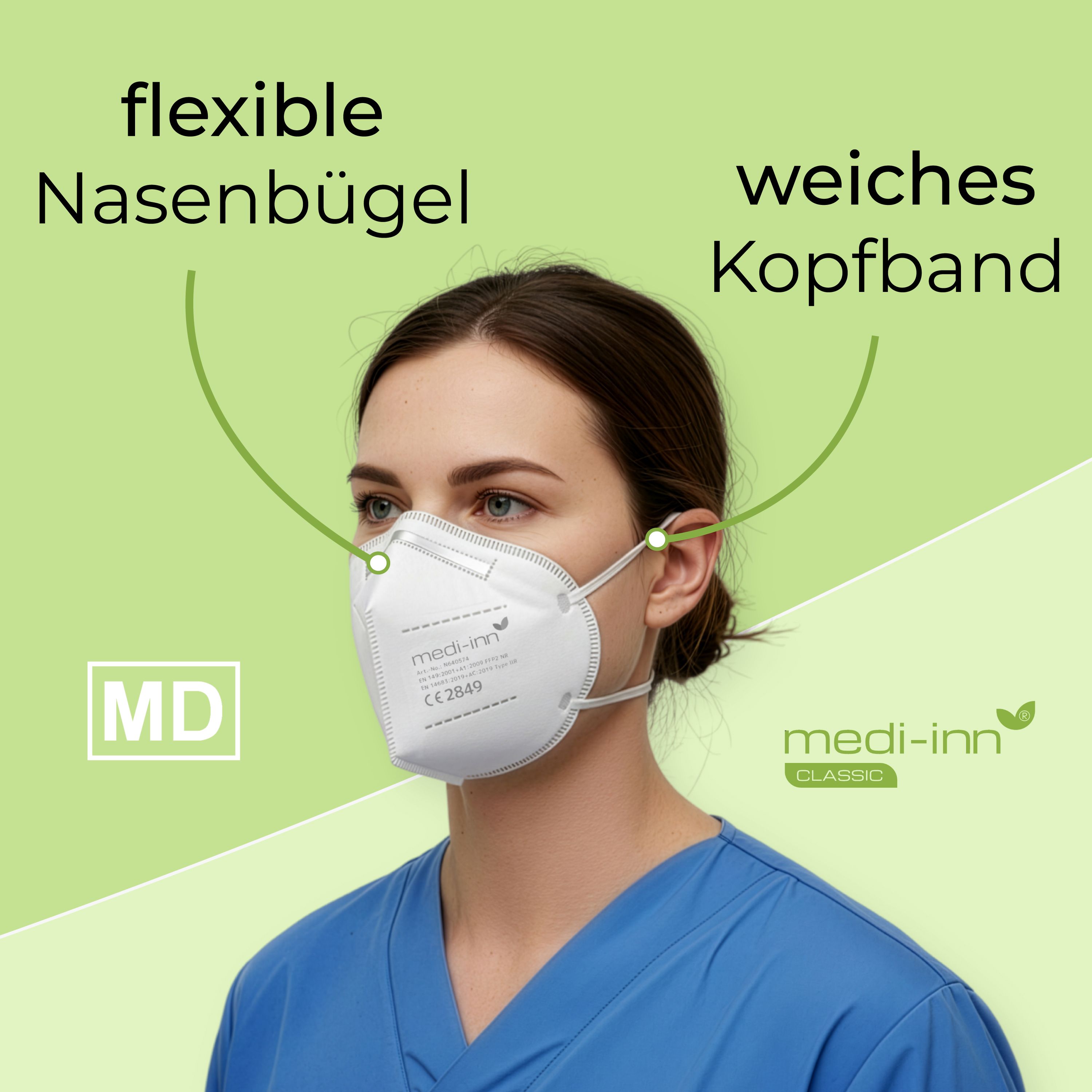 Medi-Inn FFP2 Maske mit flexiblem Nasenbügel und weichem Kopfband, CE 2849.