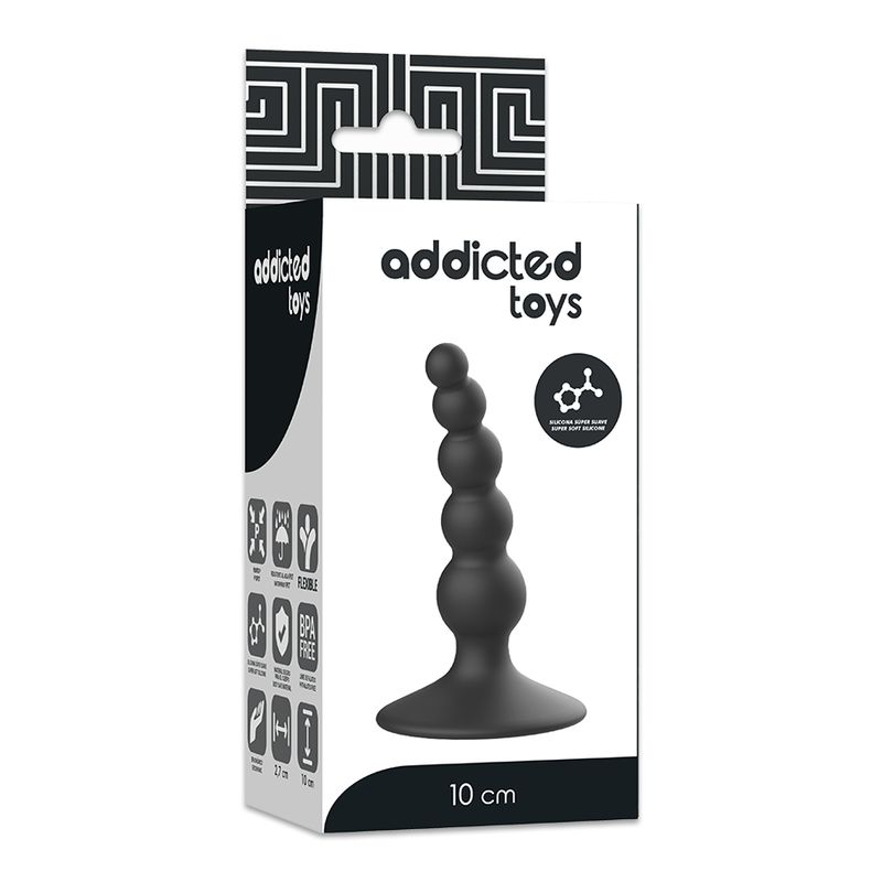Verpackung mit schwarzem Analplug. Aufdruck: Addicted Toys, 10 cm, Logos und Zertifizierungen.