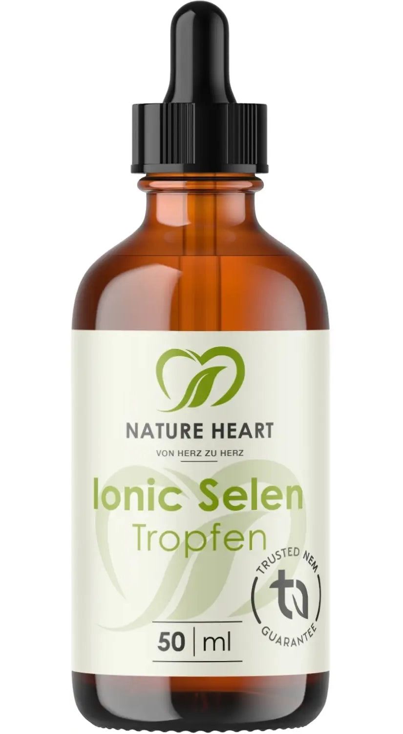 Braunglasflasche mit schwarzem Tropfer. Etikett mit "Ionic Selen Tropfen", Logo und 50 ml. TÜV-Zertifizierung.