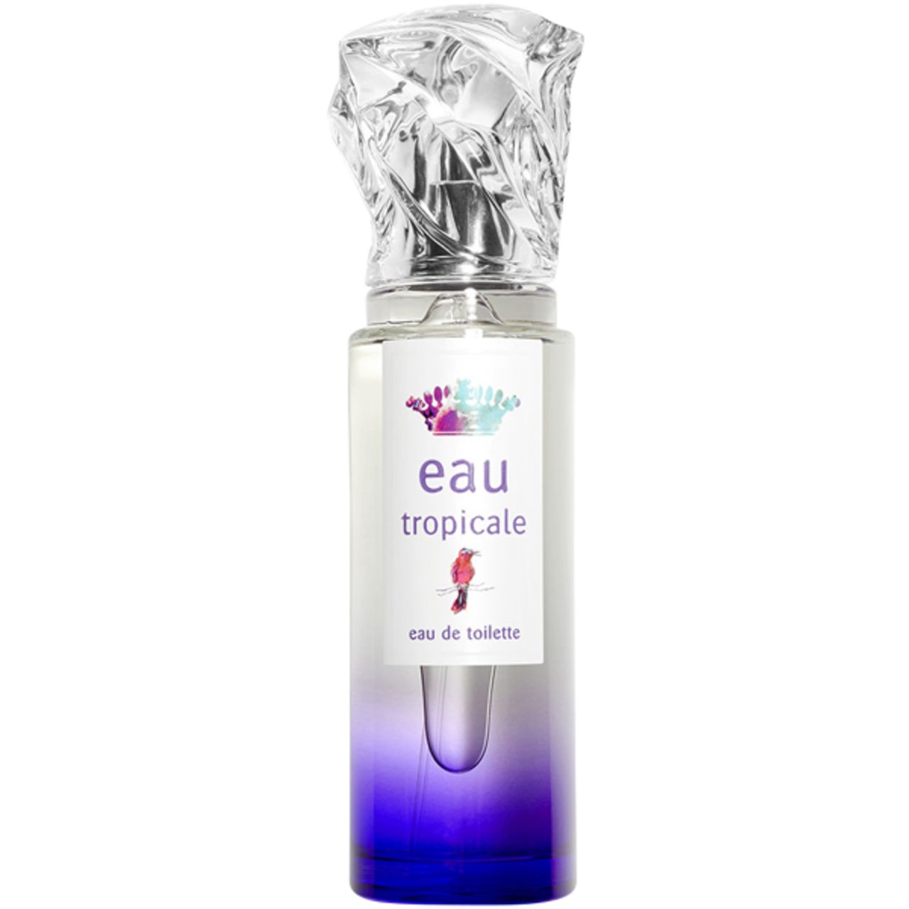 Parfümflakon mit transparentem Deckel. Aufschrift: Eau Tropicale, eau de toilette. Farbverlauf von transparent zu blau.
