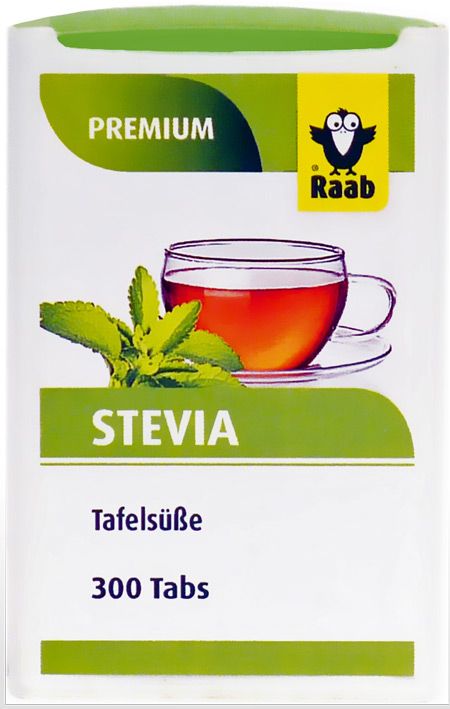 Verpackung mit Raab® Vitalfood STEVIA Tafelsüße. Grün-weißes Design mit Logo und Produktbezeichnung. 300 Tabs.