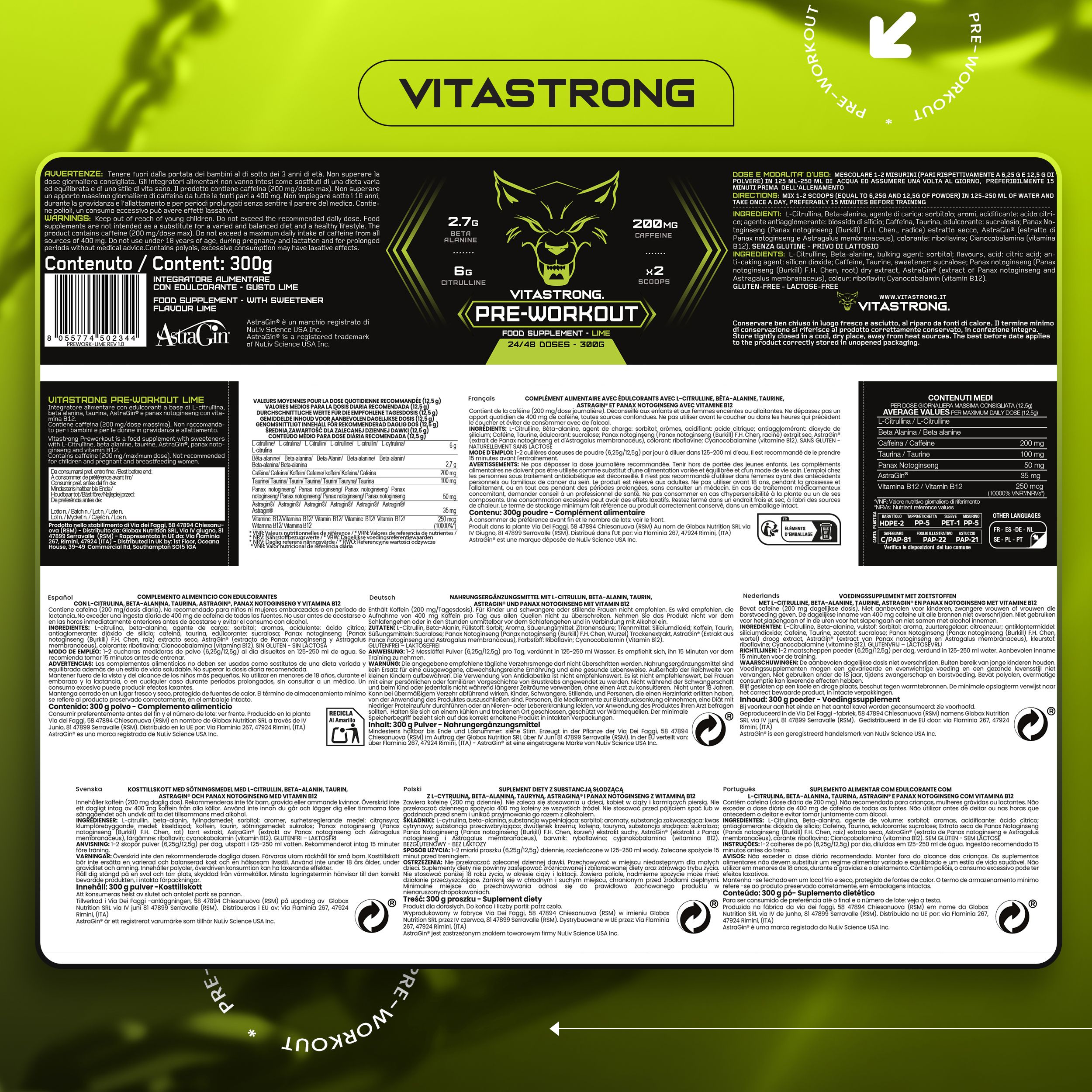 Rückseite der Vitastrong Pre-Workout Verpackung. Enthält Nährwertangaben und Inhaltsstoffe.