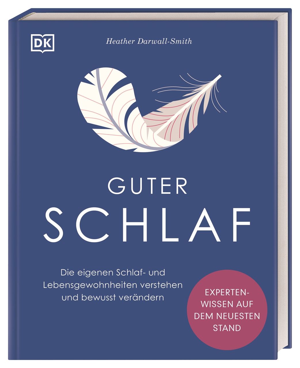 Buchcover "Guter Schlaf". Blauer Hintergrund, Feder-Illustration. Titel und Autorenname. DK-Logo.