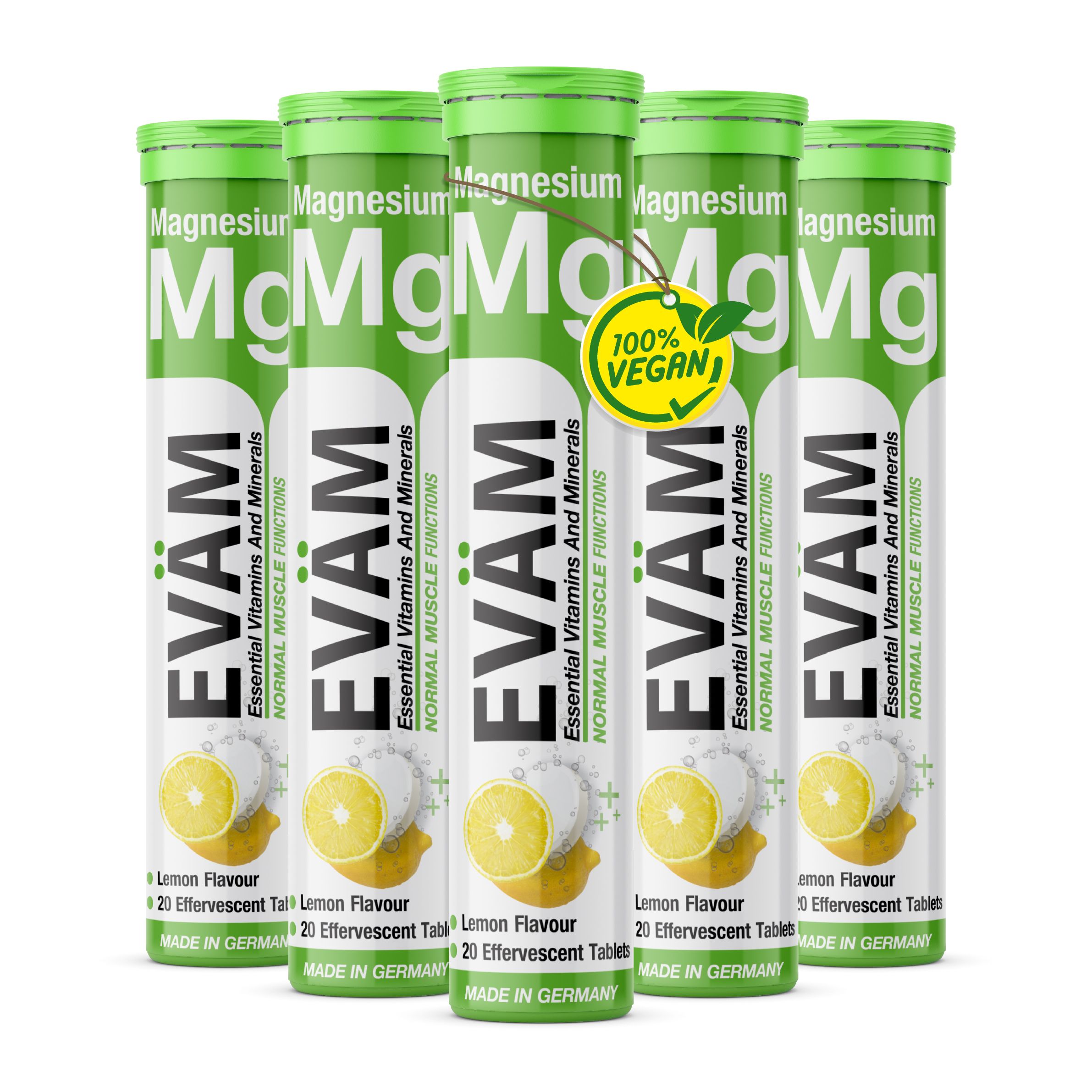 Fünf Magnesium Brausetabletten-Tuben. Text: EVÄM, Magnesium, 20 Brausetabletten, Lemon Flavour.
