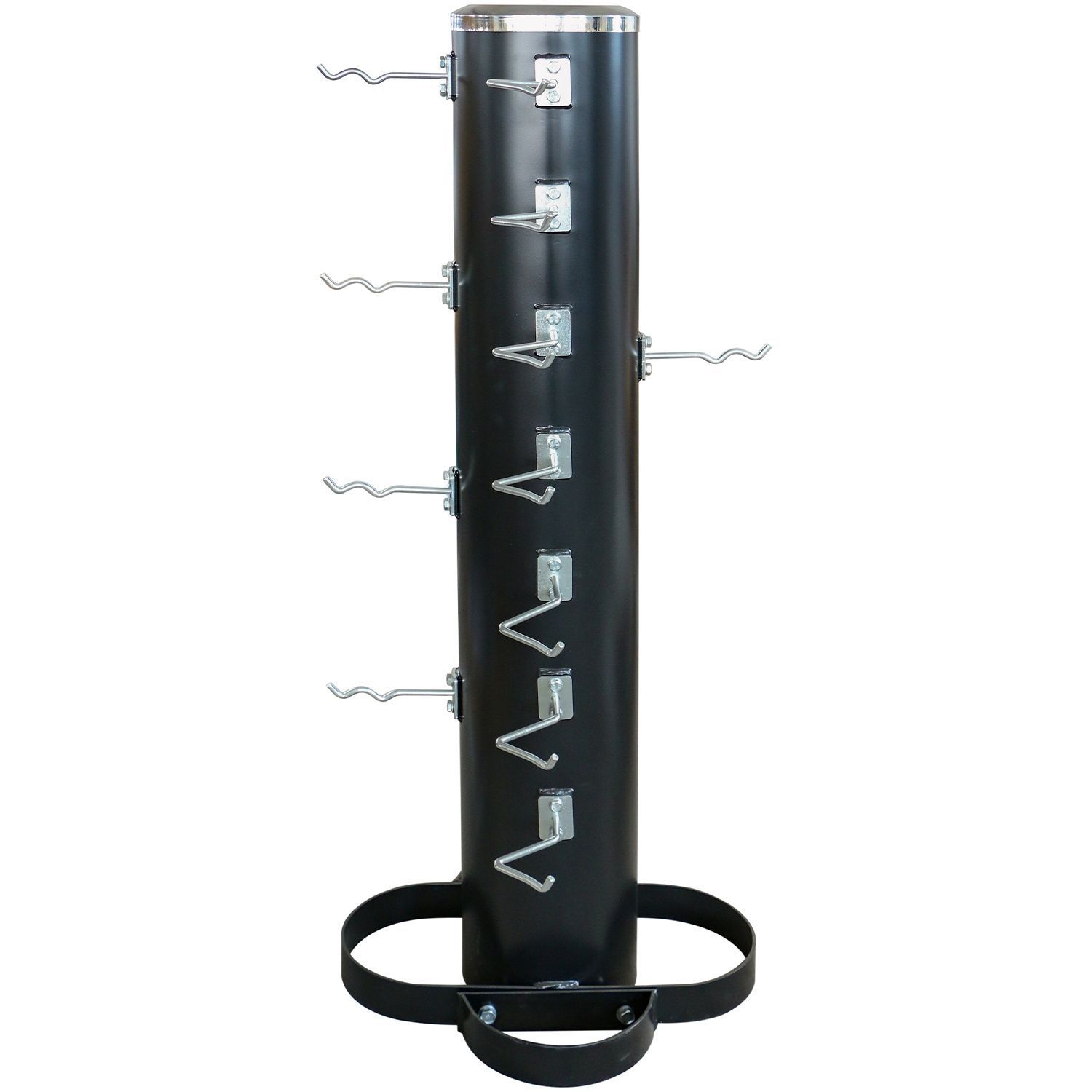Schwarzer Seilzuggriffständer. Zylindrische Form mit Haken für Griffe. Runde Basis. Metallkonstruktion.
