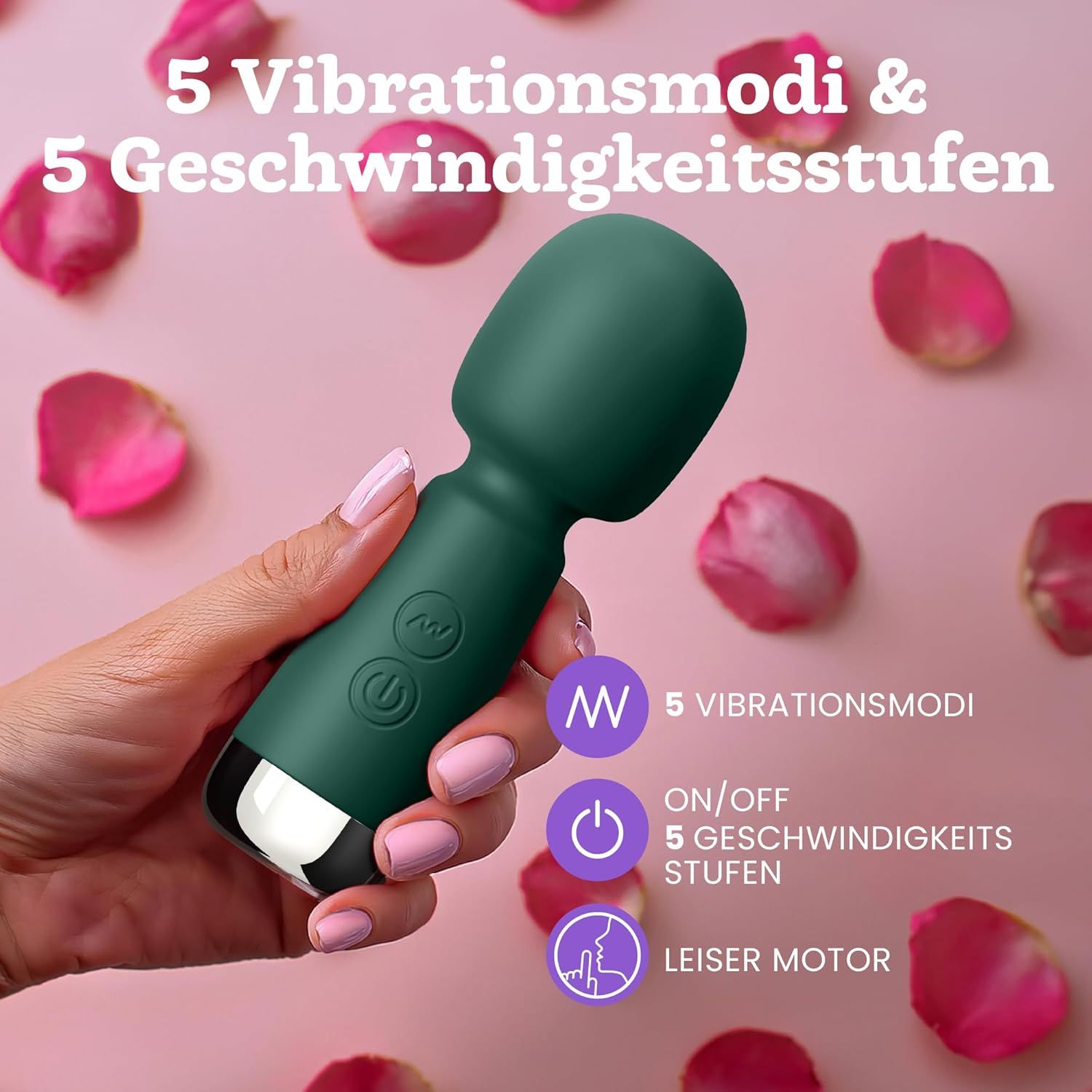 Grüner Mini-Vibrator mit 5 Vibrationsmodi und 5 Geschwindigkeitsstufen. Bedienelemente für Ein/Aus und Modus.