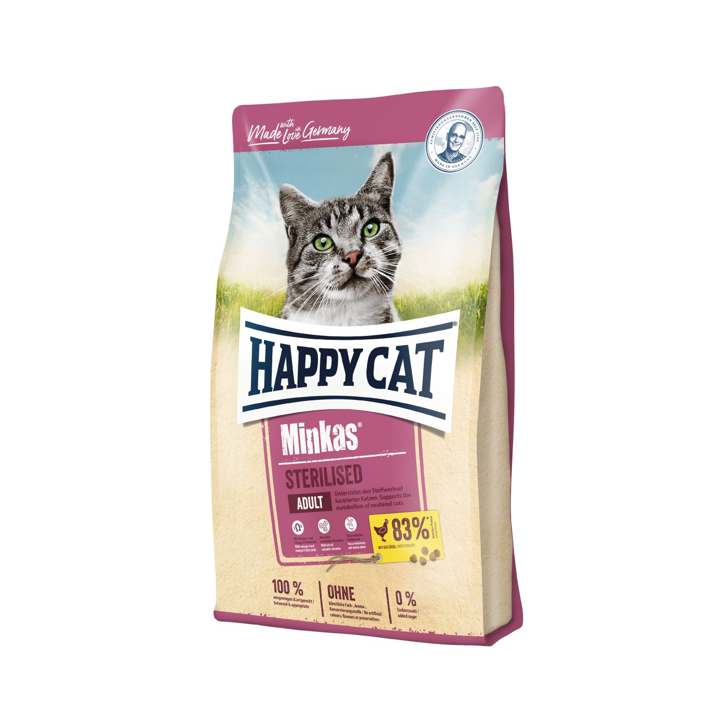 Beutel mit Katzenfutter. Aufdruck: Happy Cat Minkas Sterilised Adult. Abbildung einer Katze. 93% Geflügel.