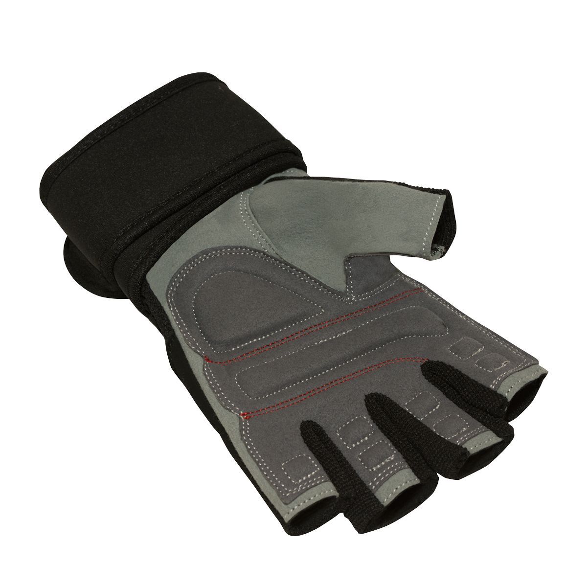 Ein grauer Leder-Fitnesshandschuh für Herren mit Klettverschluss und verstärkter Handfläche.