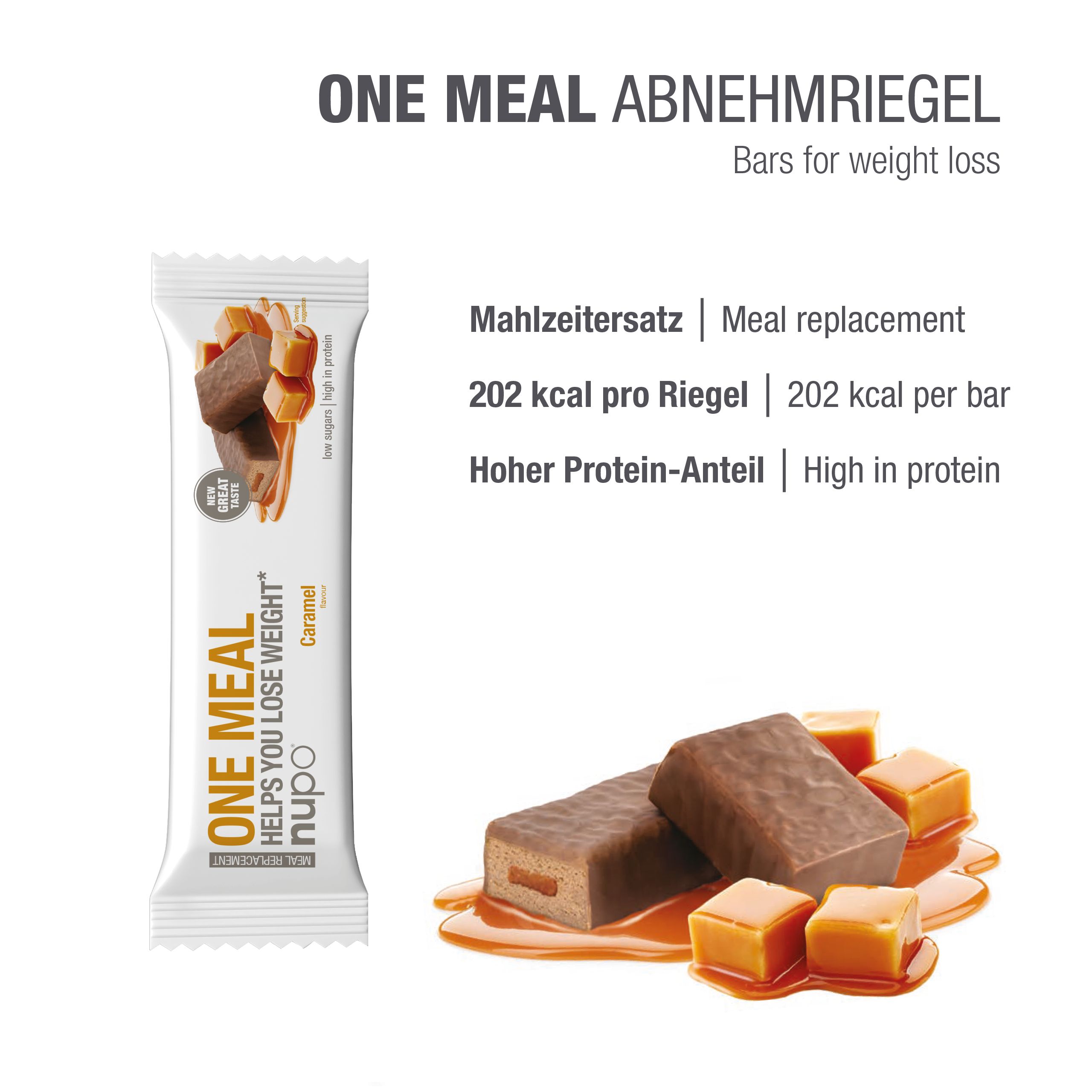 Riegel mit Karamell-Geschmack. Verpackung mit Produktabbildung und Text: "ONE MEAL HELPS YOU LOSE WEIGHT".