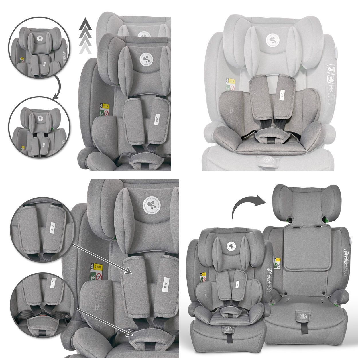 Grauer Kindersitz mit verstellbarer Kopfstütze und 5-Punkt-Gurt. "RIO ISOFix" Schriftzug.