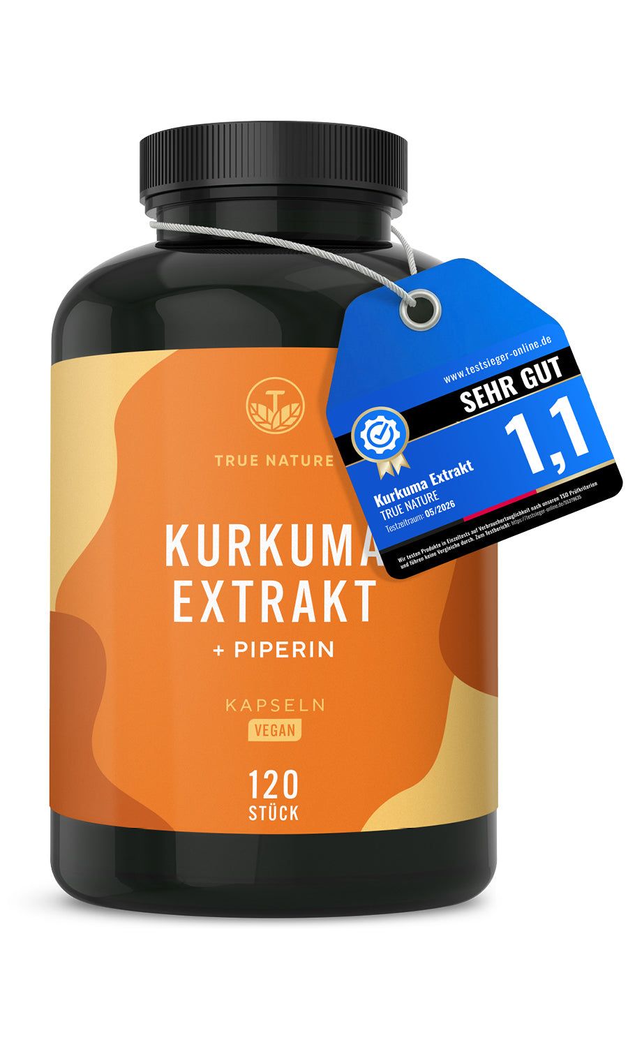 Braune Flasche mit Kapseln und Anhänger. Text: Kurkuma Extrakt + Piperin, 120 Stück, vegan. Anhänger mit Bewertung 1,1.