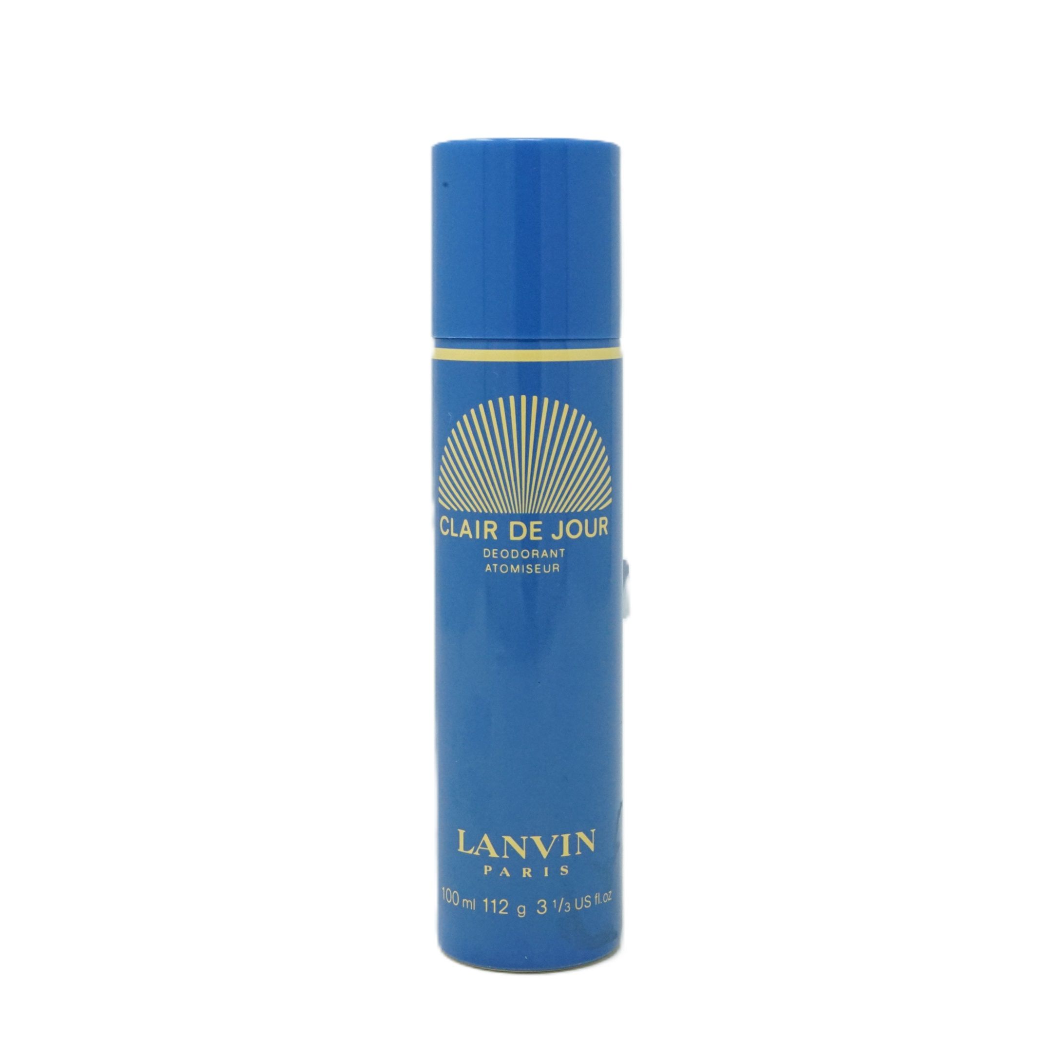 Blaues Deodorant mit gelbem Streifen und Schriftzug. Aufschrift: Clair de Jour, Deodorant Atomiseur, Lanvin Paris.