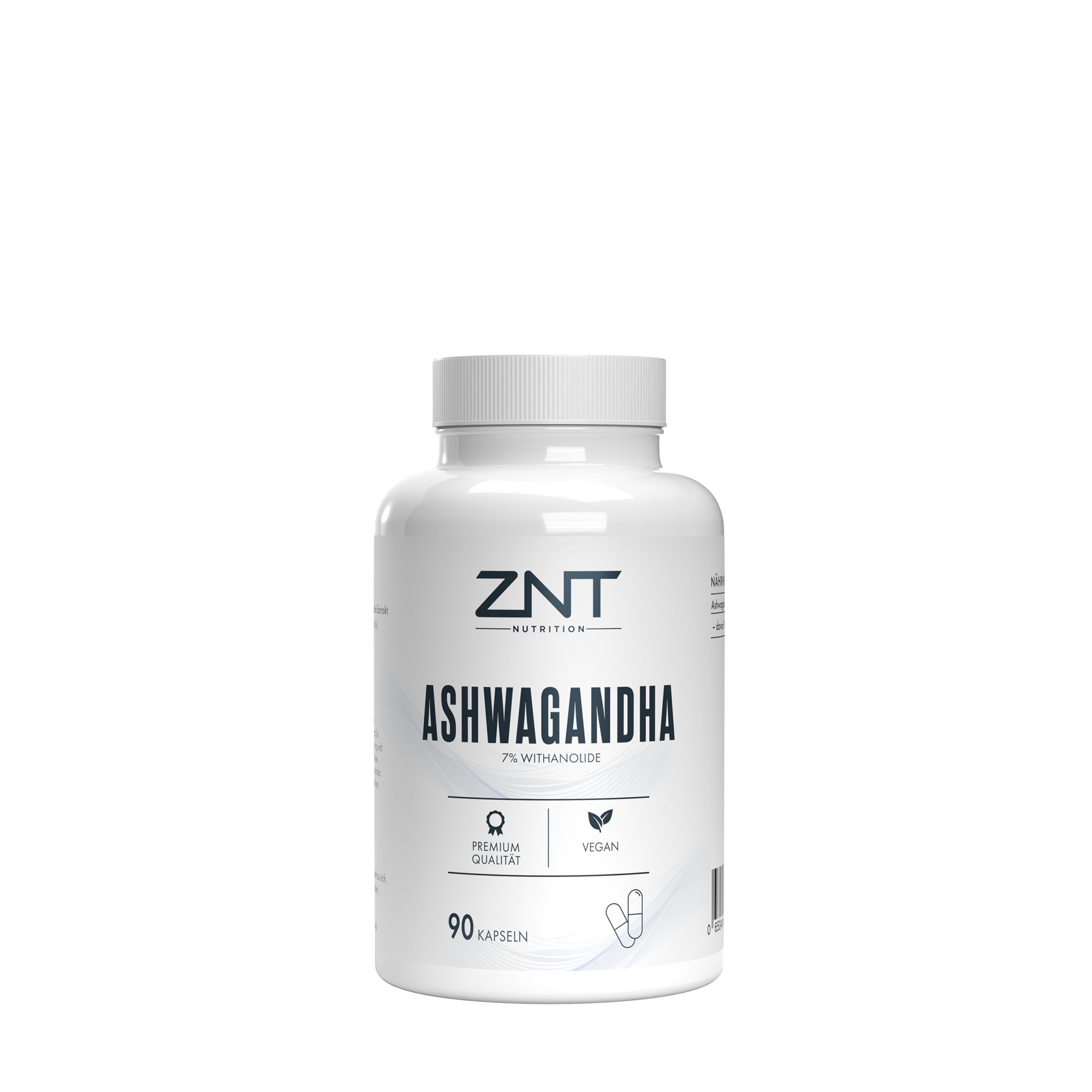 Weiße Flasche ZNT Nutrition Ashwagandha Kapseln, 90 Stück.