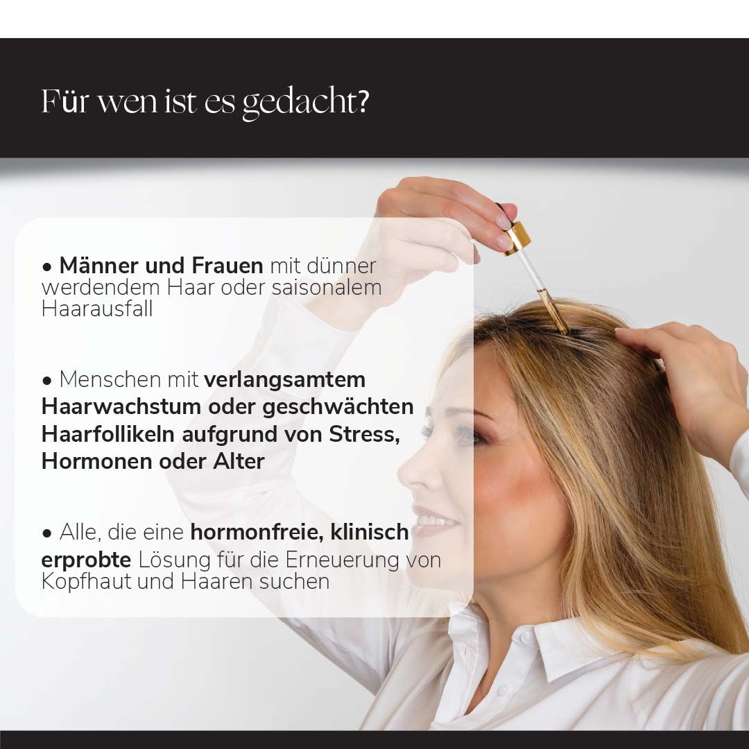 Frau mit Serumflasche. Text: Für wen ist es gedacht? Aufzählungspunkte: Männer/Frauen, verlangsamtes Haarwachstum, hormonfrei.