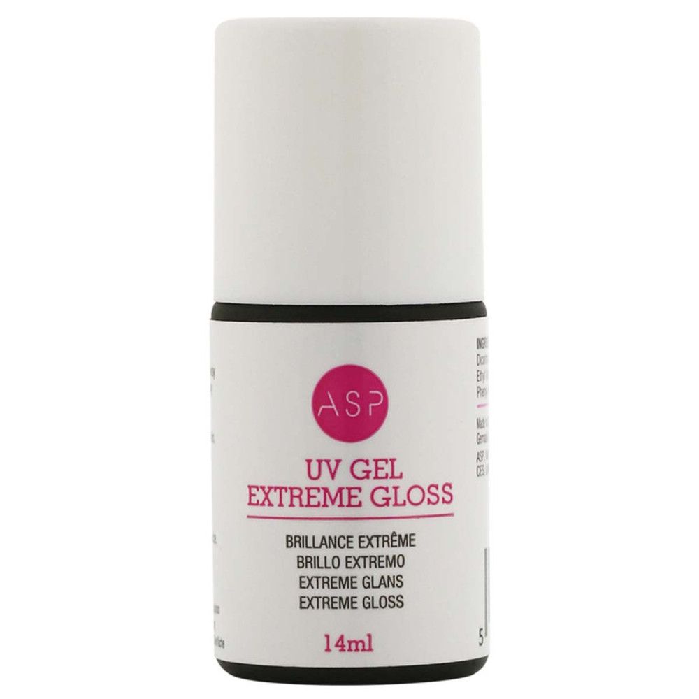 Kleine, zylindrische Flasche mit weißem Deckel. Aufschrift: ASP UV Gel Extreme Gloss, 14ml. Rosa Logo.
