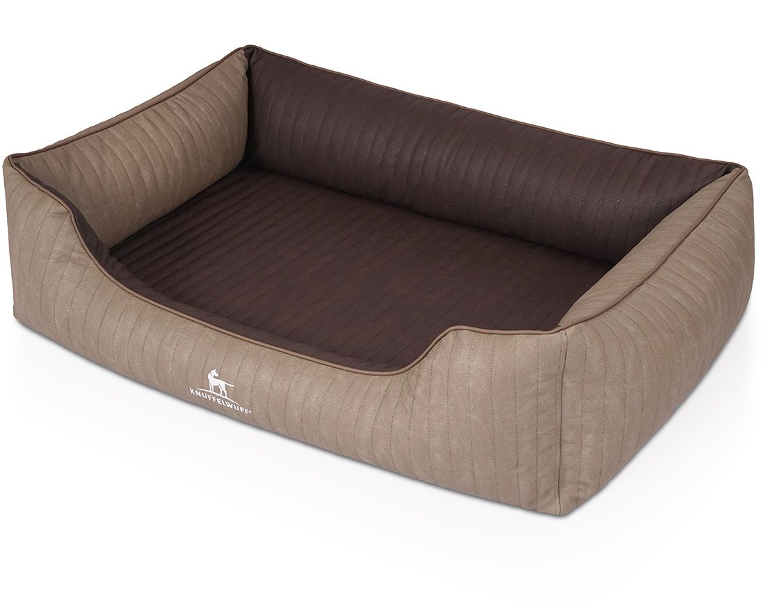 Orthopädisches Hundebett Outlander, beige-braun. Rechteckige Form mit erhöhten Seiten. Logo Knuffelwuff.