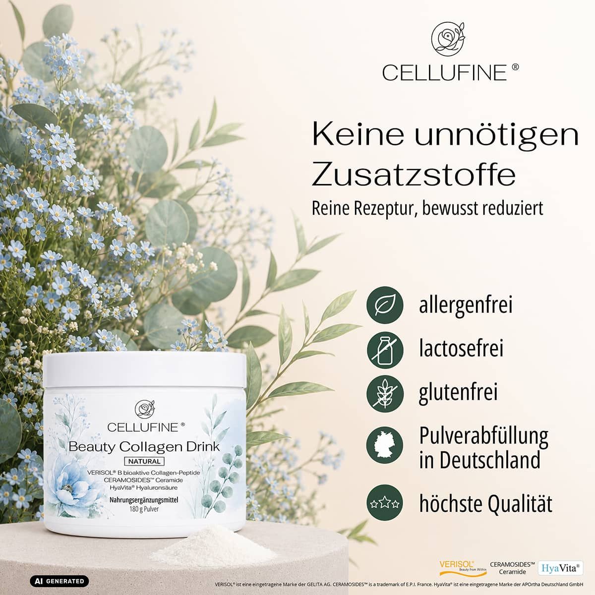 Cellufine Beauty Collagen Drink: Allergenfrei, laktosefrei, glutenfrei. Pulverabfüllung in Deutschland. Höchste Qualität.