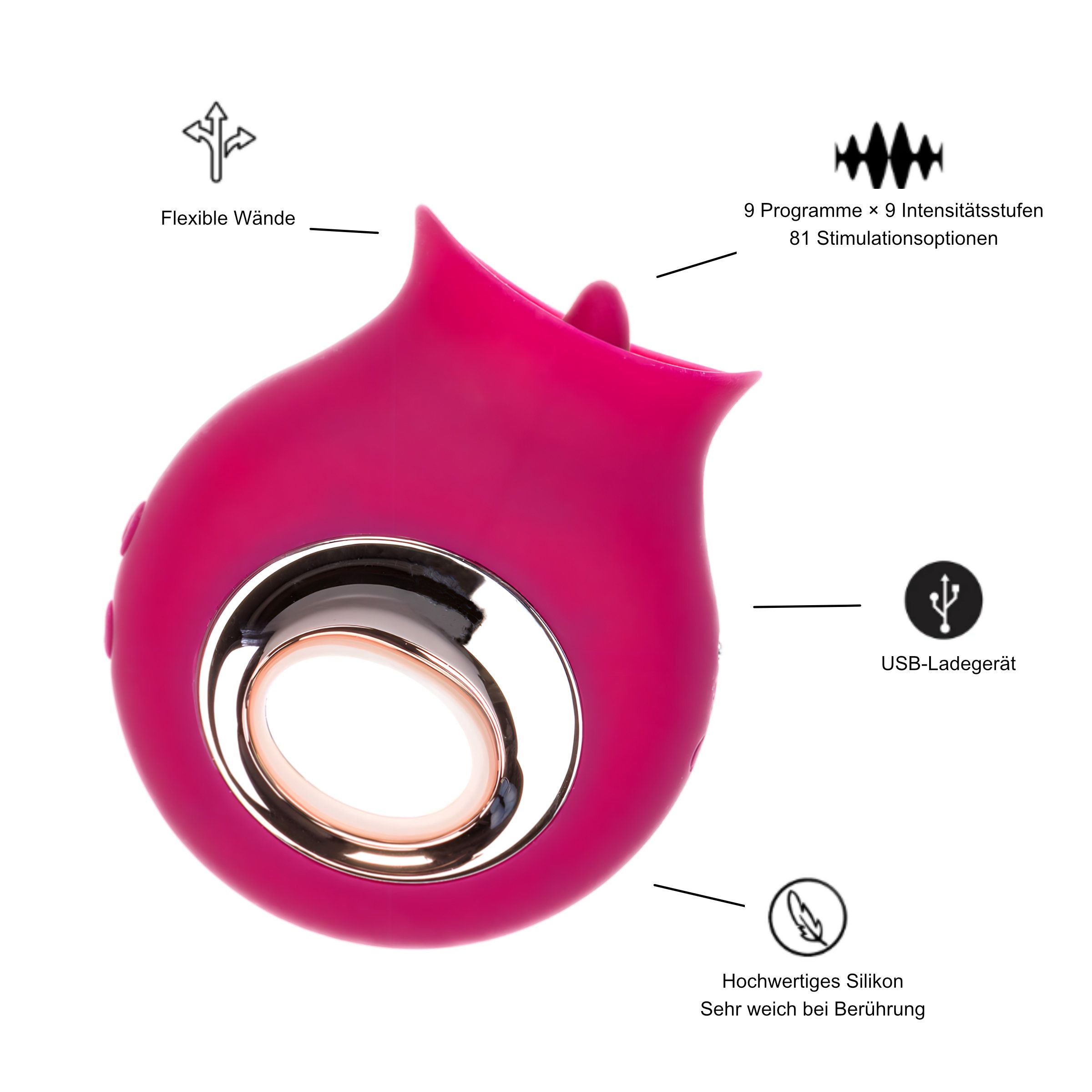 Fuchsiafarbener Vibrator mit flexiblen Wänden, 9 Programmen, 81 Stimulationsoptionen, USB-Ladeanschluss und hochwertigem Silikon.