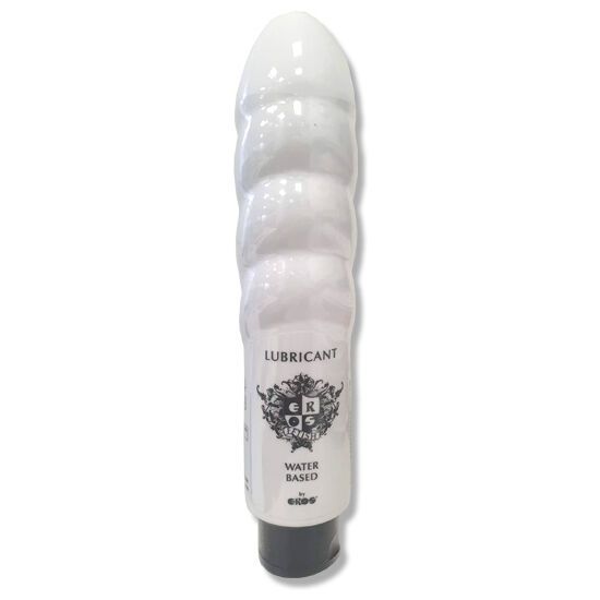 Weißes, dildo-förmiges Produkt mit schwarzem Verschluss. Aufschrift: LUBRICANT, WATER BASED, Logo.