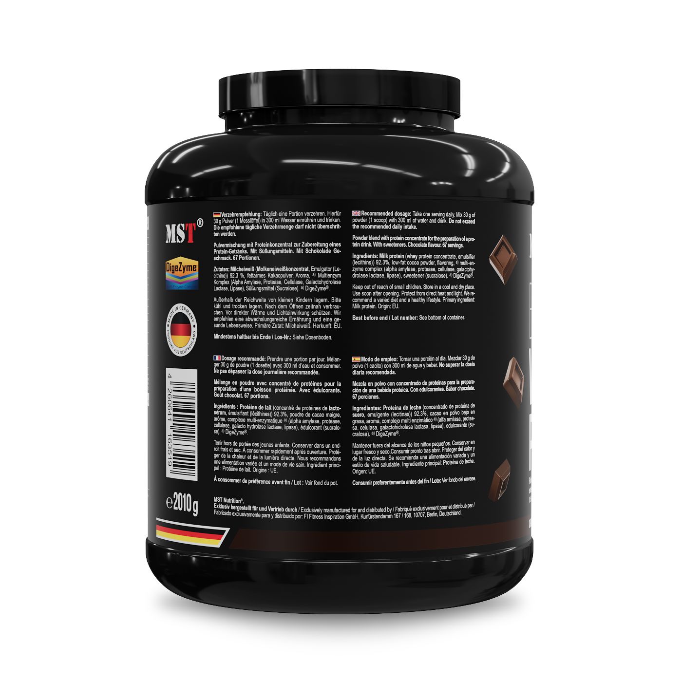 Rückseite der MST Best Whey Protein Dose mit Nährwertangaben und Siegeln. 2010g.