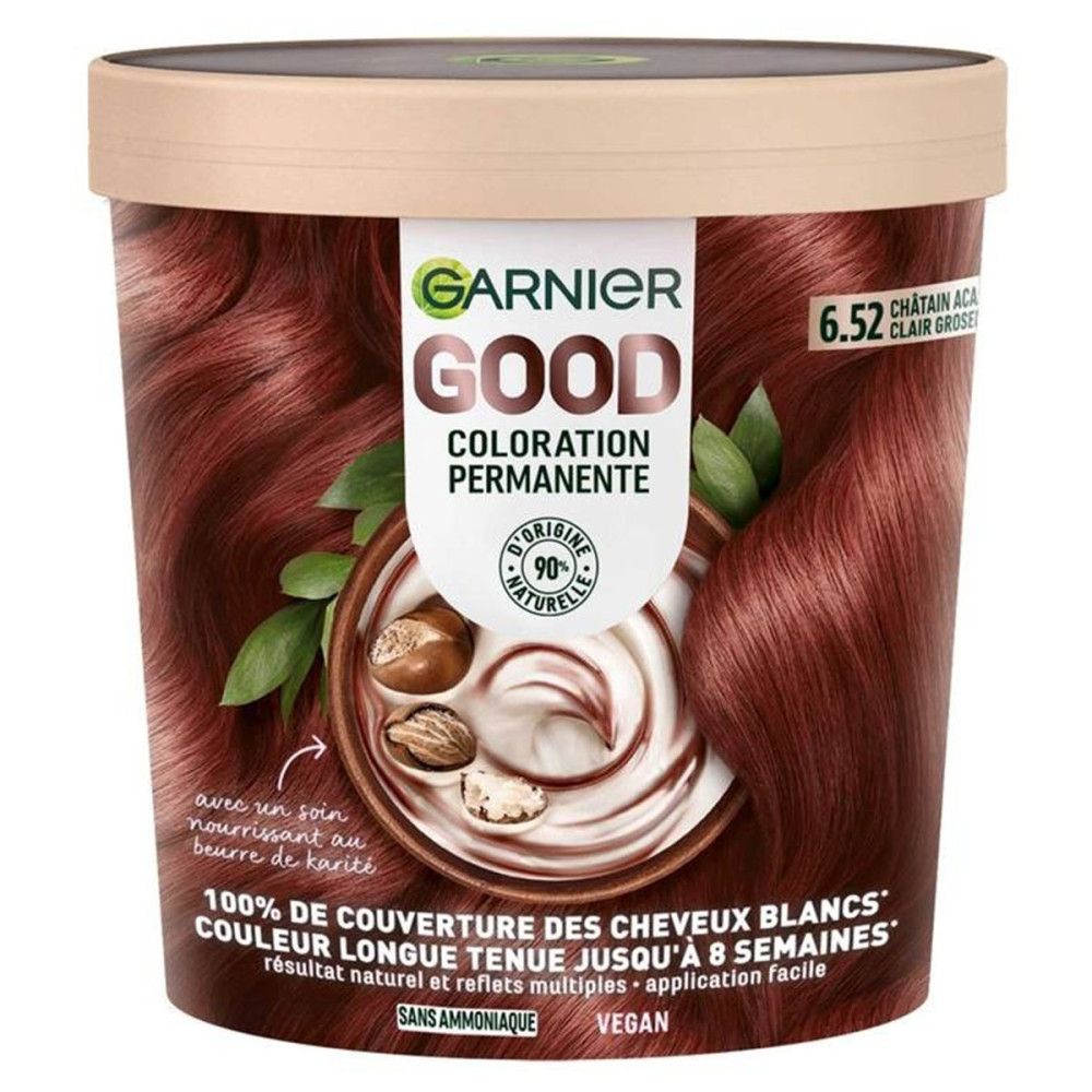 Garnier Good Permanente Haarfarbe. Runde Dose mit Deckel. Aufschrift: Garnier Good, Coloration Permanente. Abbildung von Haarfarbe und Inhaltsstoffen.