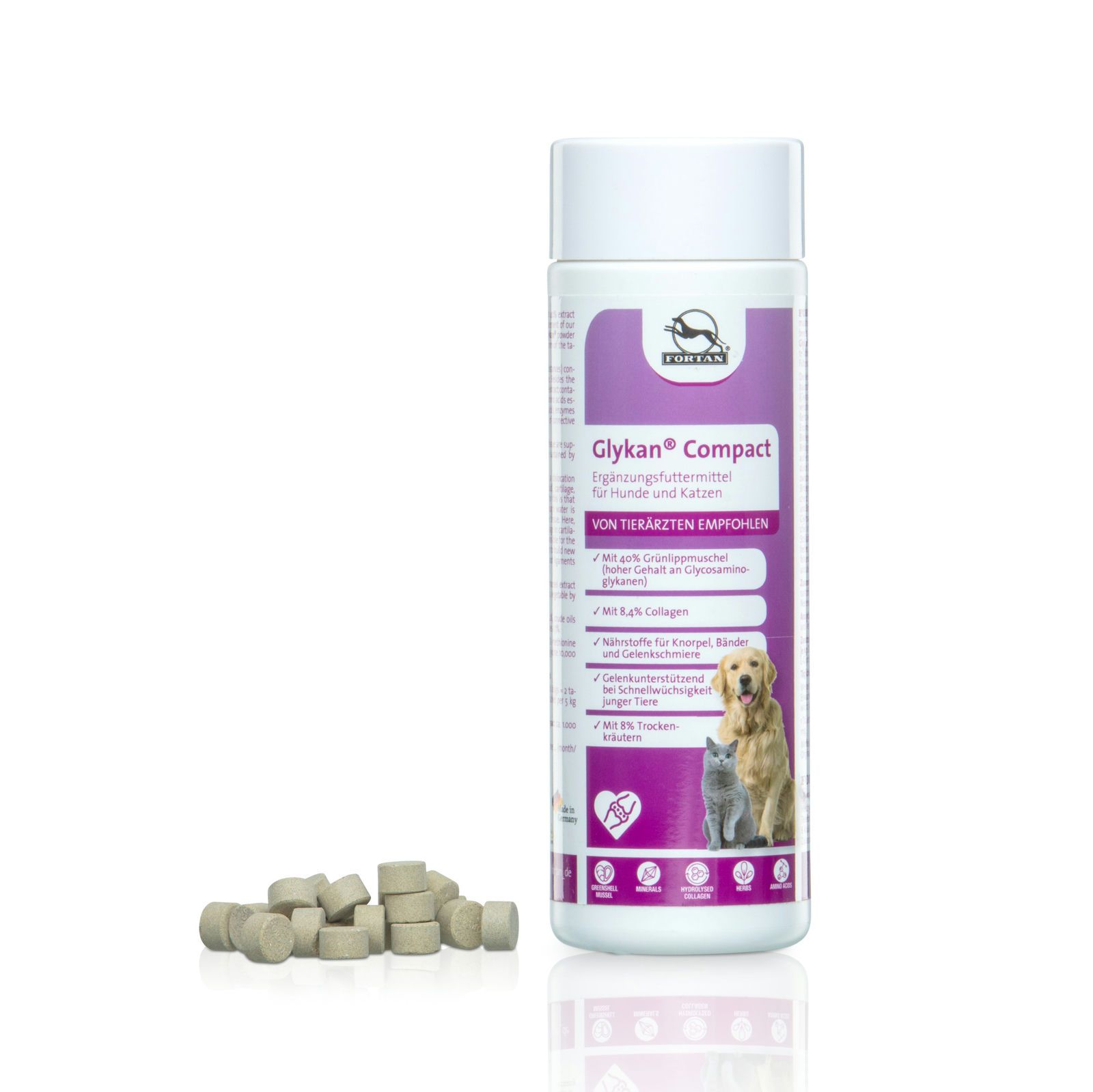 Zylindrische Flasche mit Produktetikett. Tabletten daneben. Aufschrift: Glykan Compact. Abbildung von Hund und Katze.