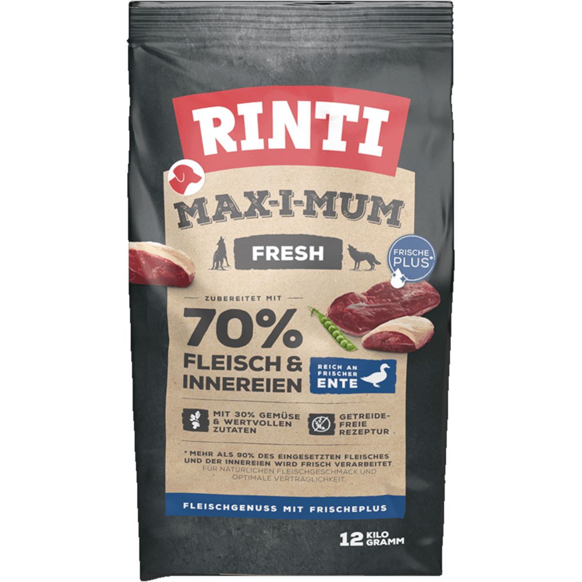 Rinti Max-i-Mum Ente Hundefutter, 12 kg Sack mit 70% Fleisch und Innereien, Getreidefrei.
