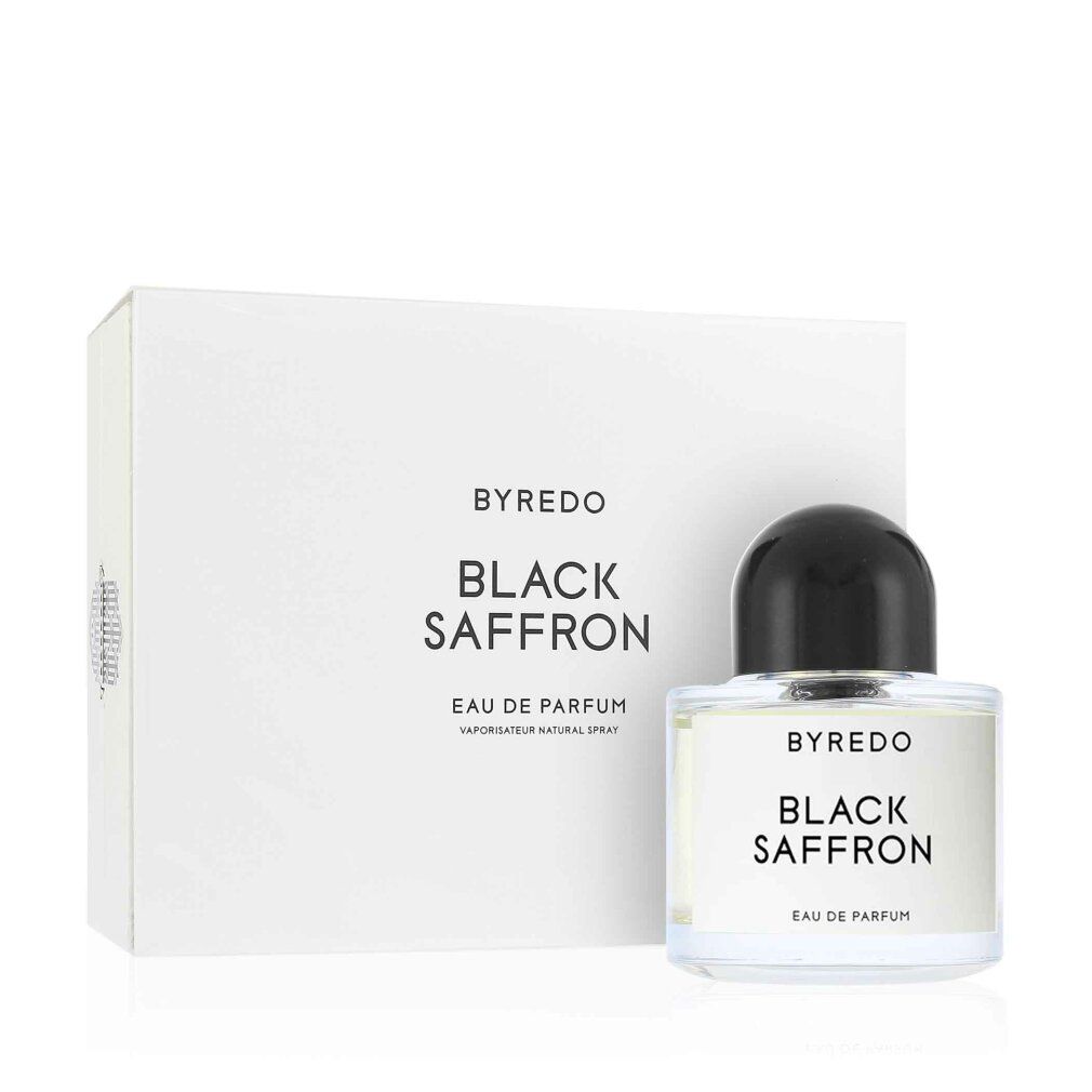 Glasflakon neben weißer Verpackung. Aufschrift "BYREDO BLACK SAFFRON".