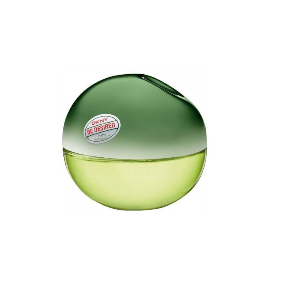 Runder Parfümflakon, grün-gelb. Aufkleber mit DKNY Be Desired. Flakon aus Glas.