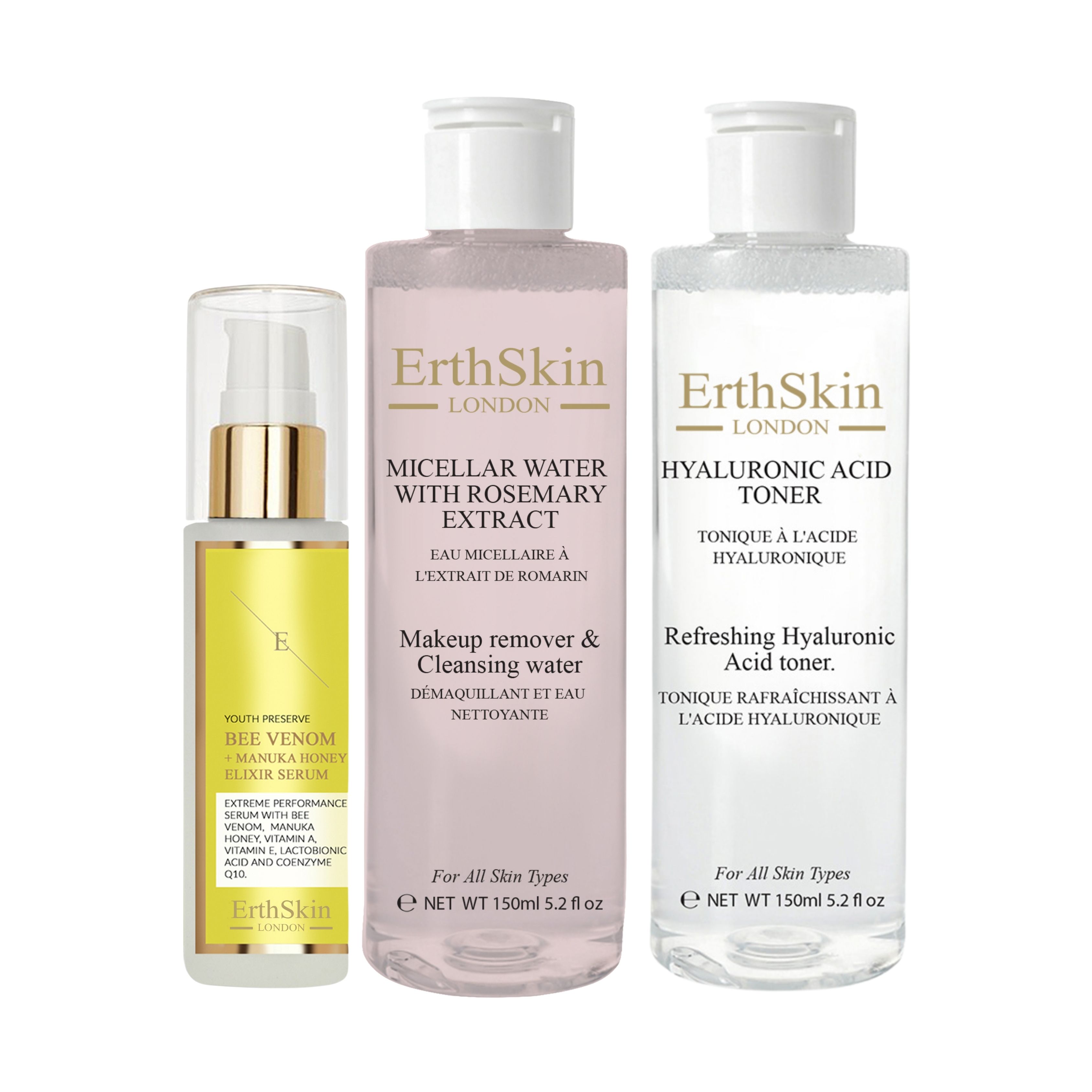 ErthSkin London Mizellenwasser mit Rosmarinextrakt + Toner + Elixier-Serum set