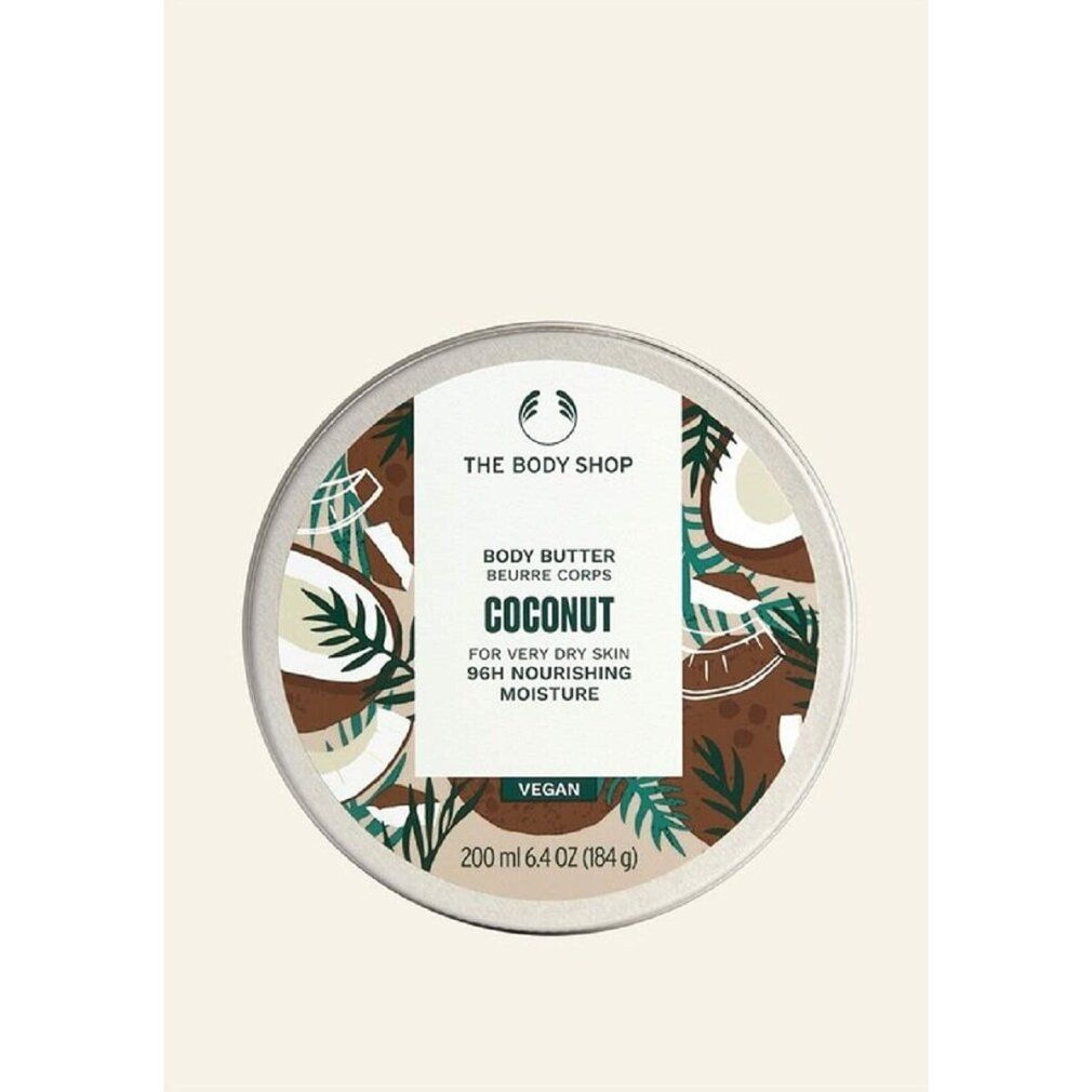 Runde Dose Body Butter, Kokosnuss-Design. Aufschrift: The Body Shop, Body Butter, Kokosnuss, für sehr trockene Haut, vegan. Inhalt: 200 ml.