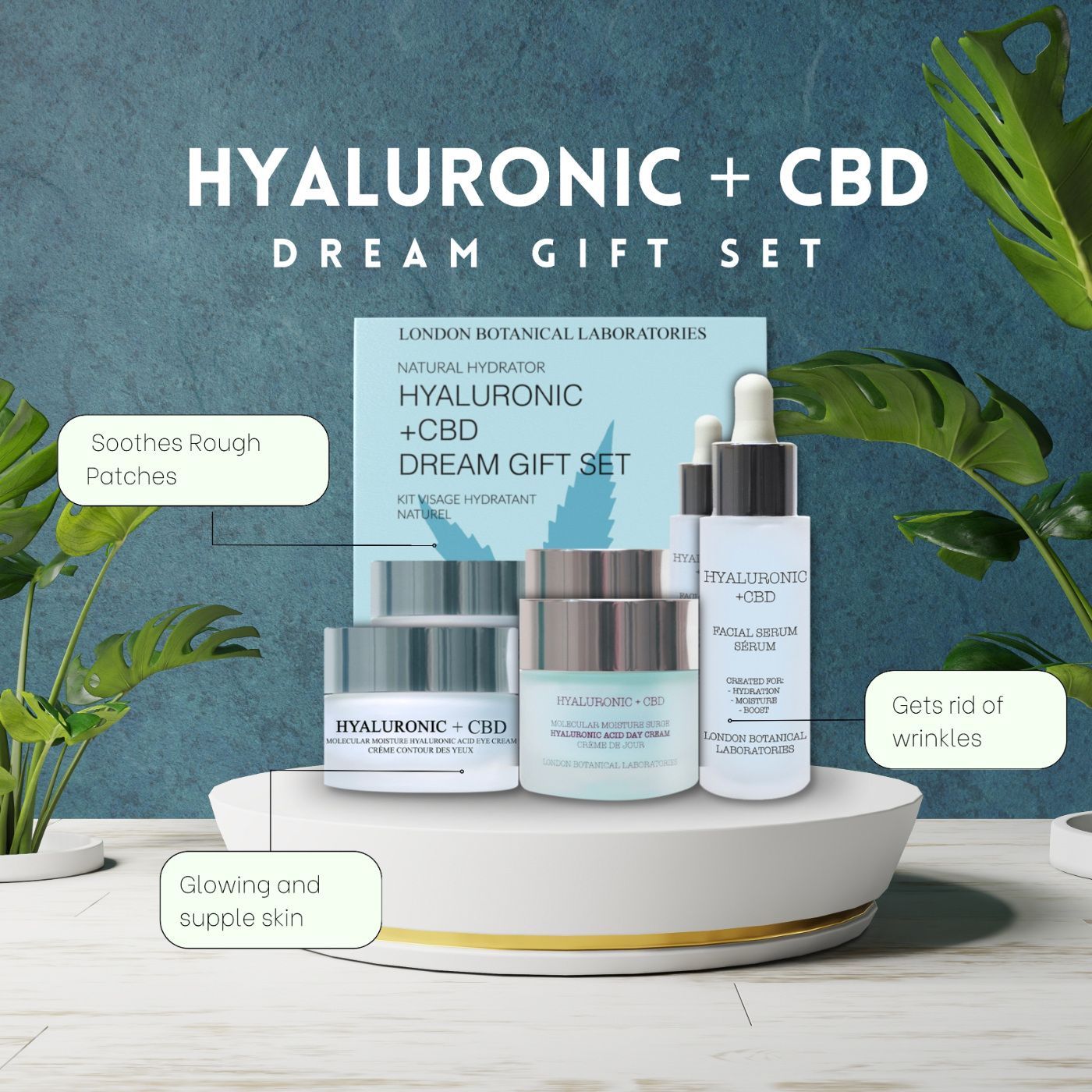 Geschenkset mit Creme, Augencreme und Serum. Aufschrift: Hyaluronic + CBD Dream Gift Set. Auf Podest platziert.