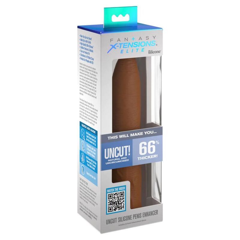 Uncut Silicone Penis Enhancer in brauner Farbe, verpackt in einer Einzelhandelsbox mit Produktinformationen.