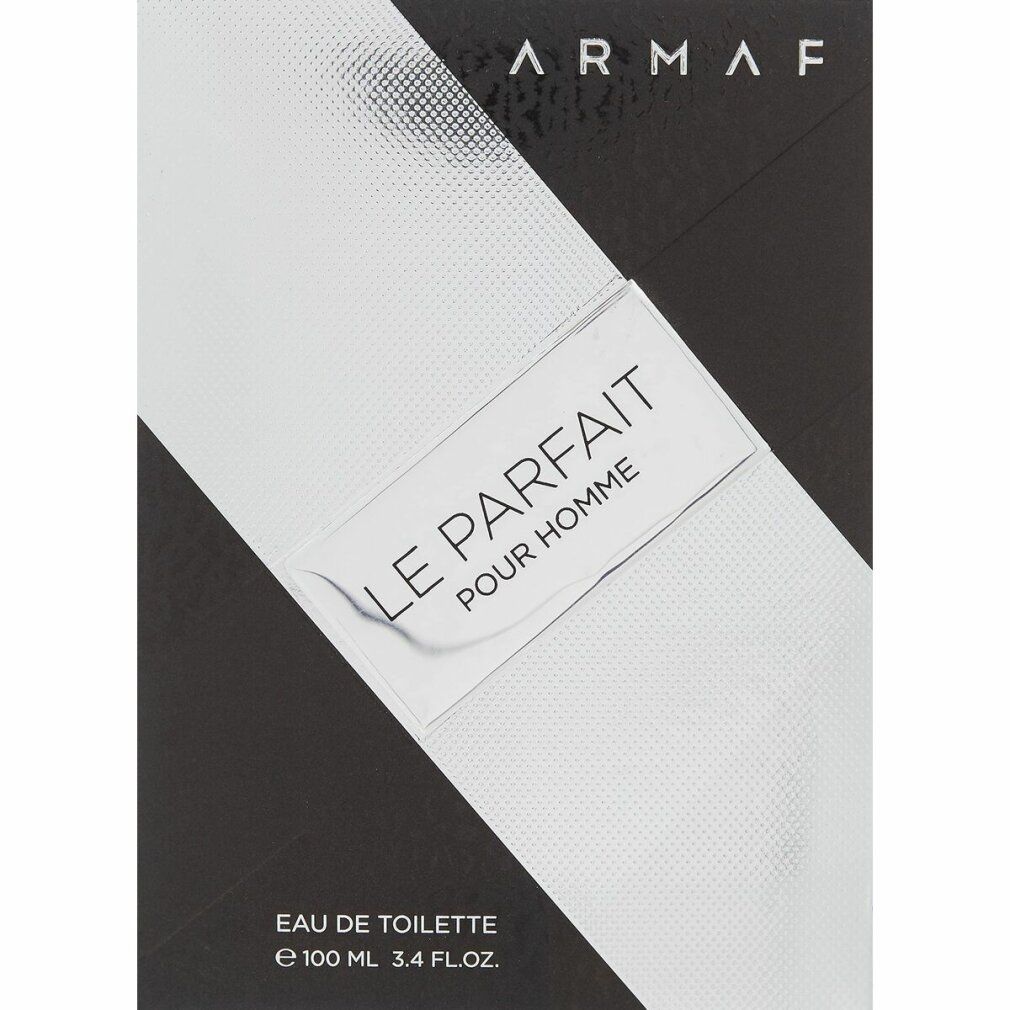 Verpackung mit Aufschrift: Armaf, Le Parfait Pour Homme. Schwarze und weiße diagonale Streifen. Text: Eau de Toilette.