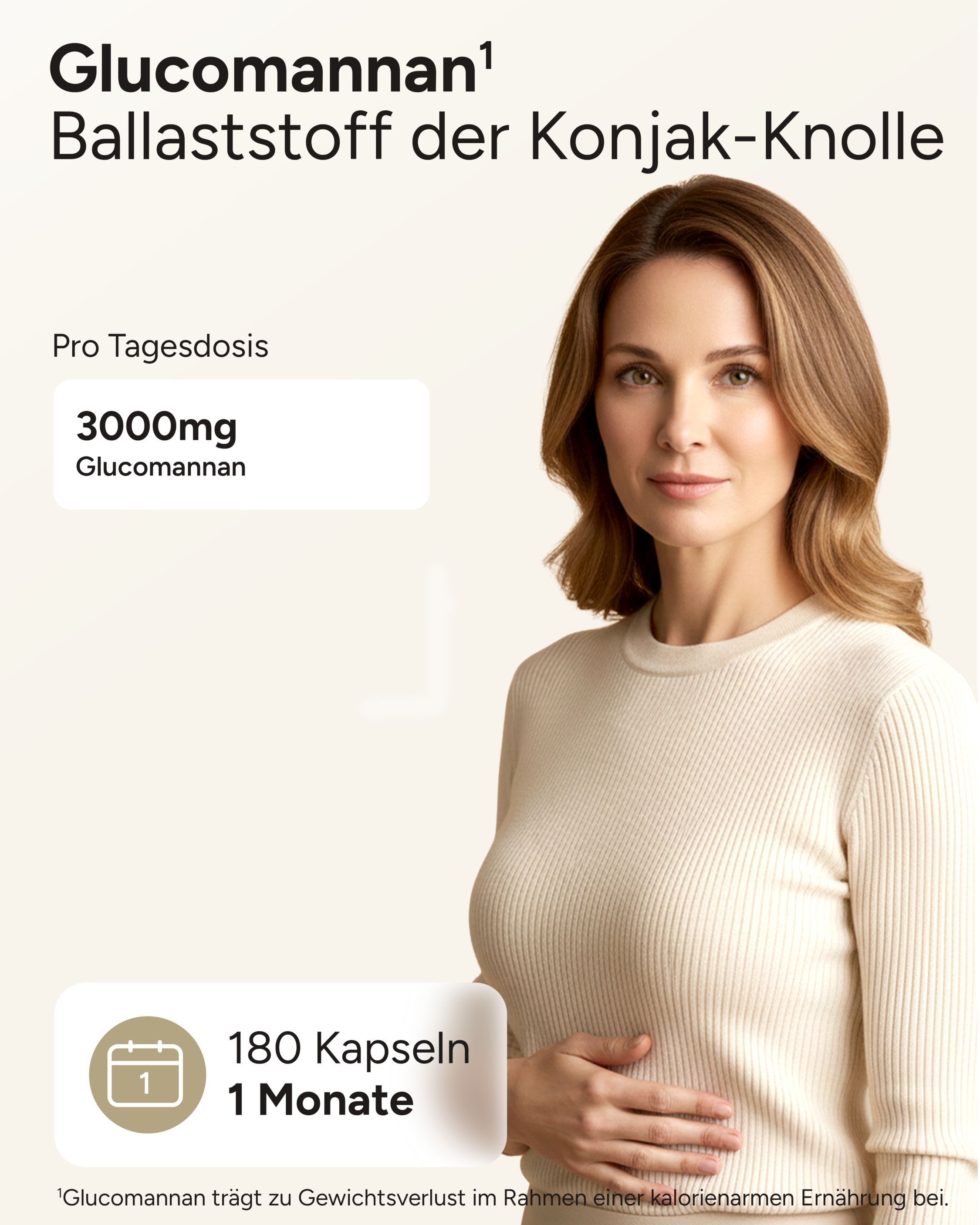 Frau mit Bauch. Text: 3000mg Glucomannan, 180 Kapseln, 1 Monat.