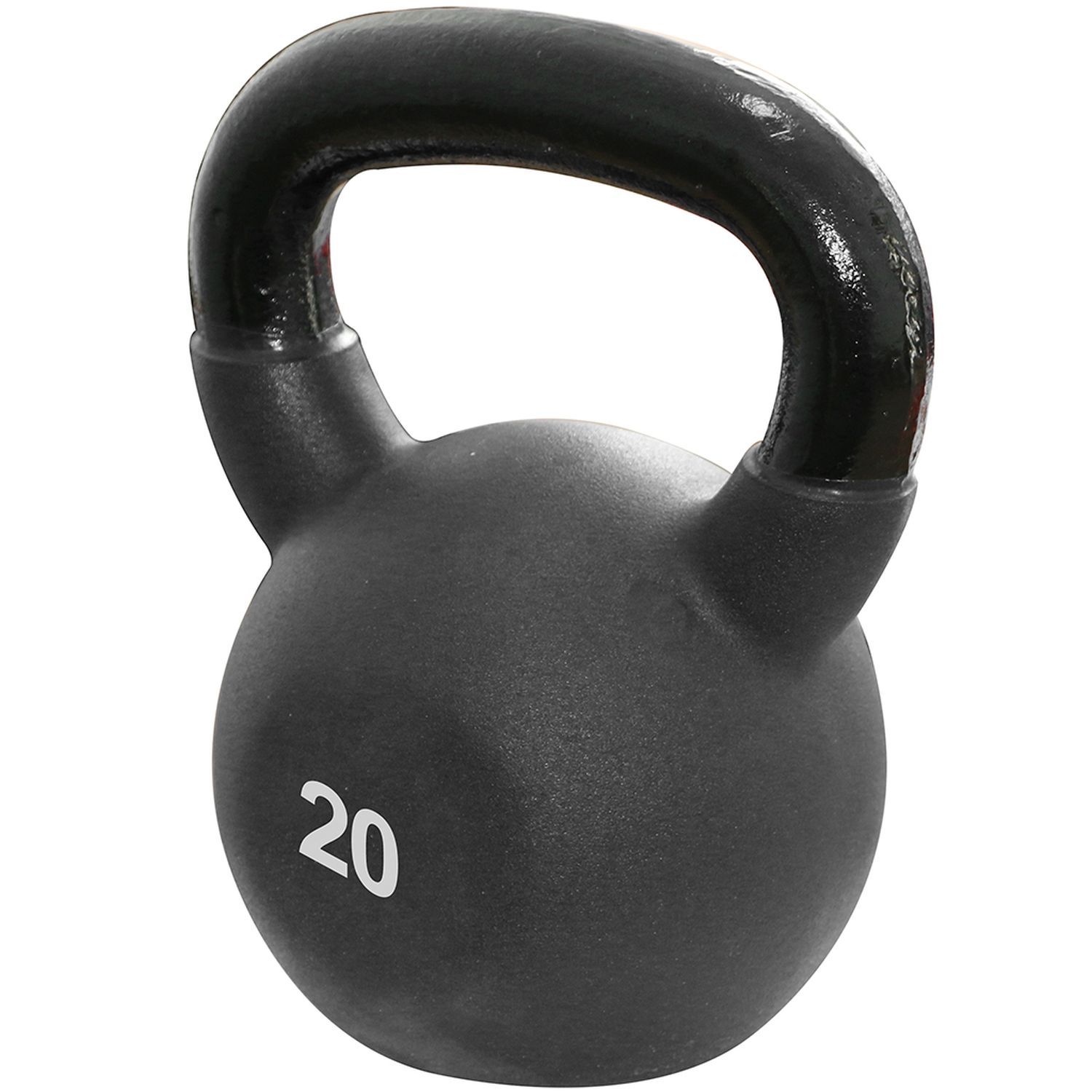 Schwarze Kettlebell mit schwarzem Griff. Auf der Kugel steht die Zahl 20.