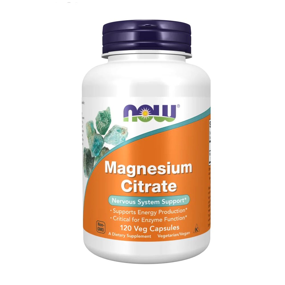 Weiße Flasche mit blauem Deckel. Aufschrift: Magnesium Citrat, 120 Veg Capsules. Marke: NOW.