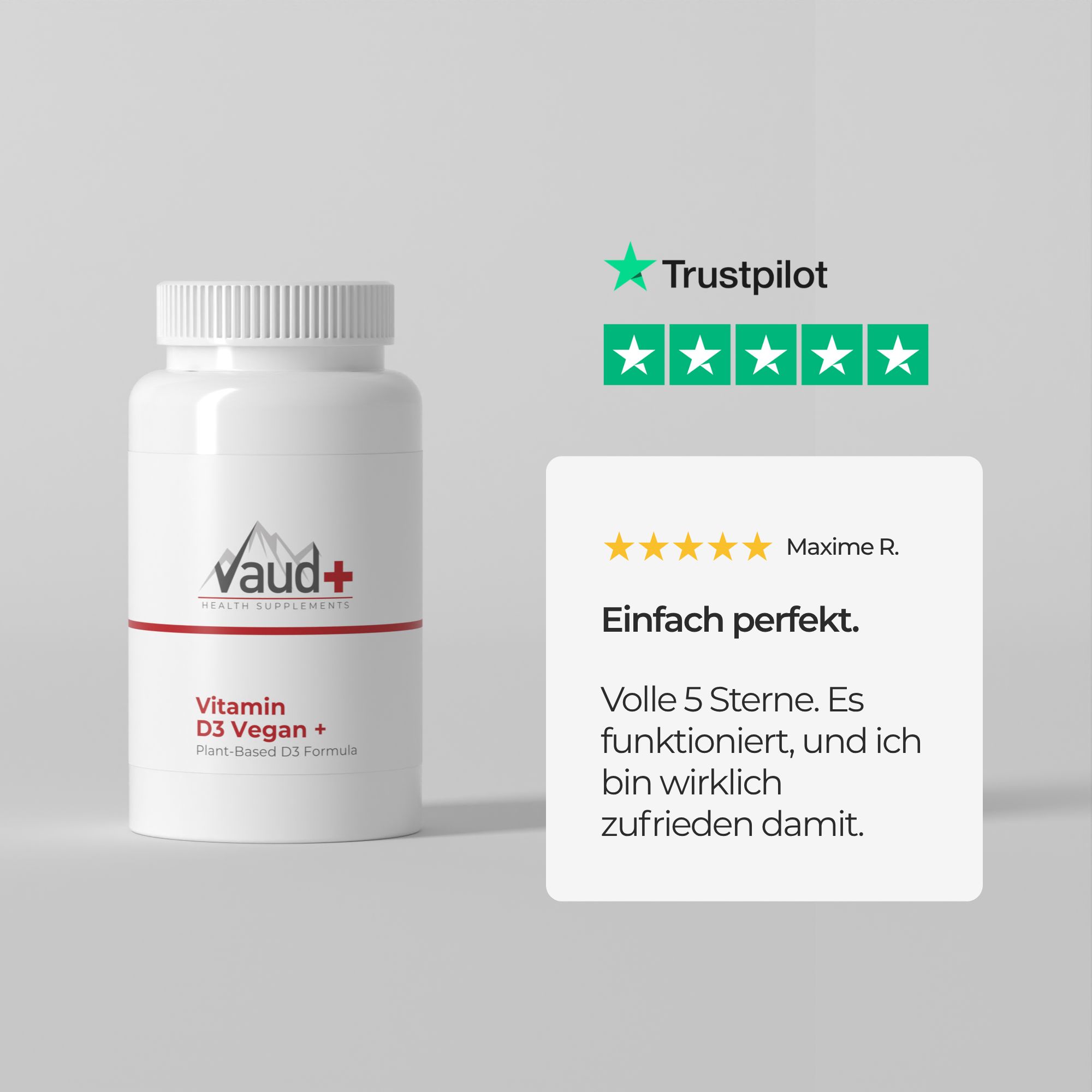 Weiße Flasche mit Schraubverschluss. Aufschrift: Vaud+ Health Supplements, Vitamin D3 Vegan+. Trustpilot-Bewertung.