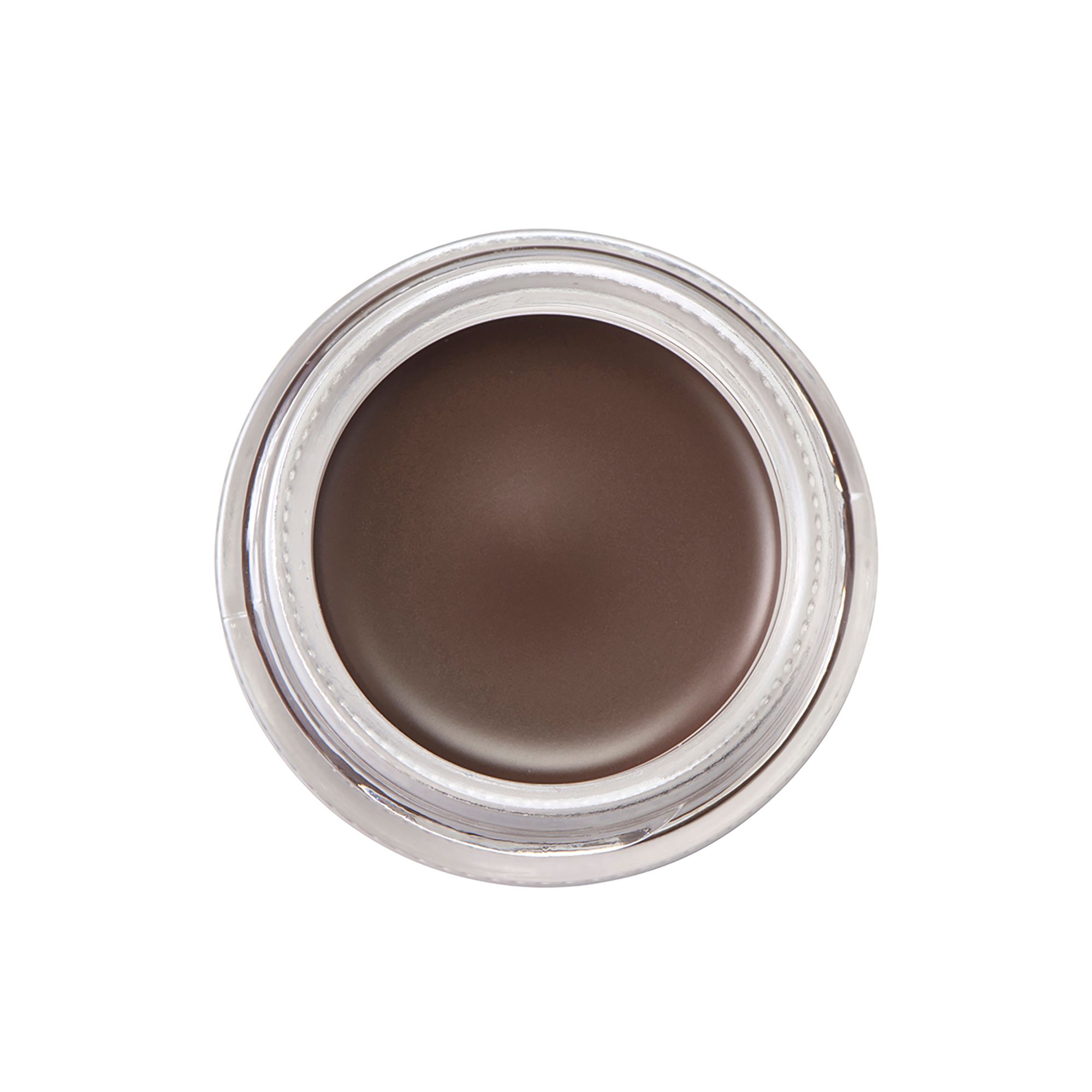 Dunkelbraune Augenbrauenpomade in einem transparenten Tiegel.