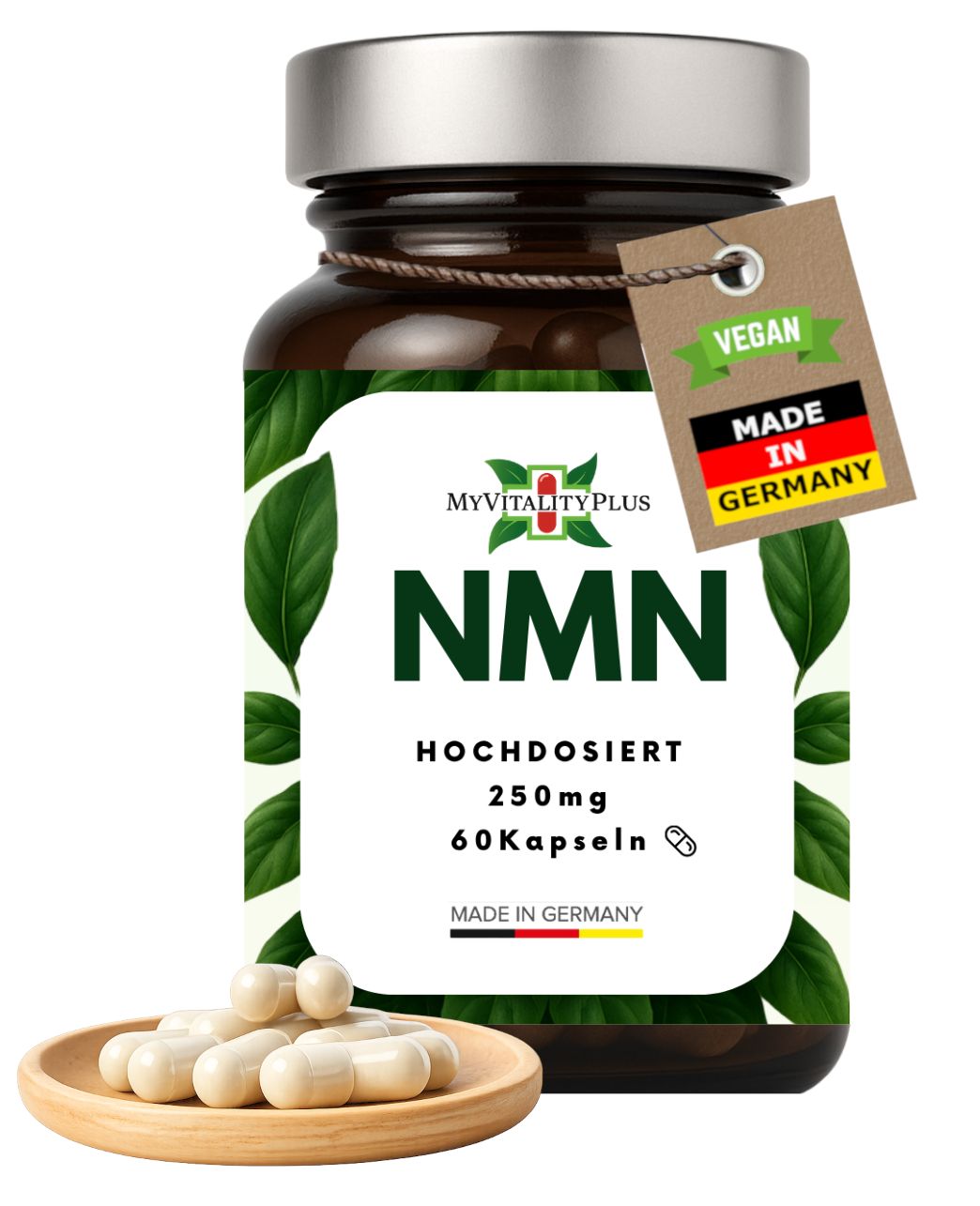 Braune Glasflasche mit NMN-Kapseln. Aufschrift: NMN, 250mg, 60 Kapseln. Vegan-Siegel und Made in Germany-Etikett. Einige Kapseln auf Holzschale.