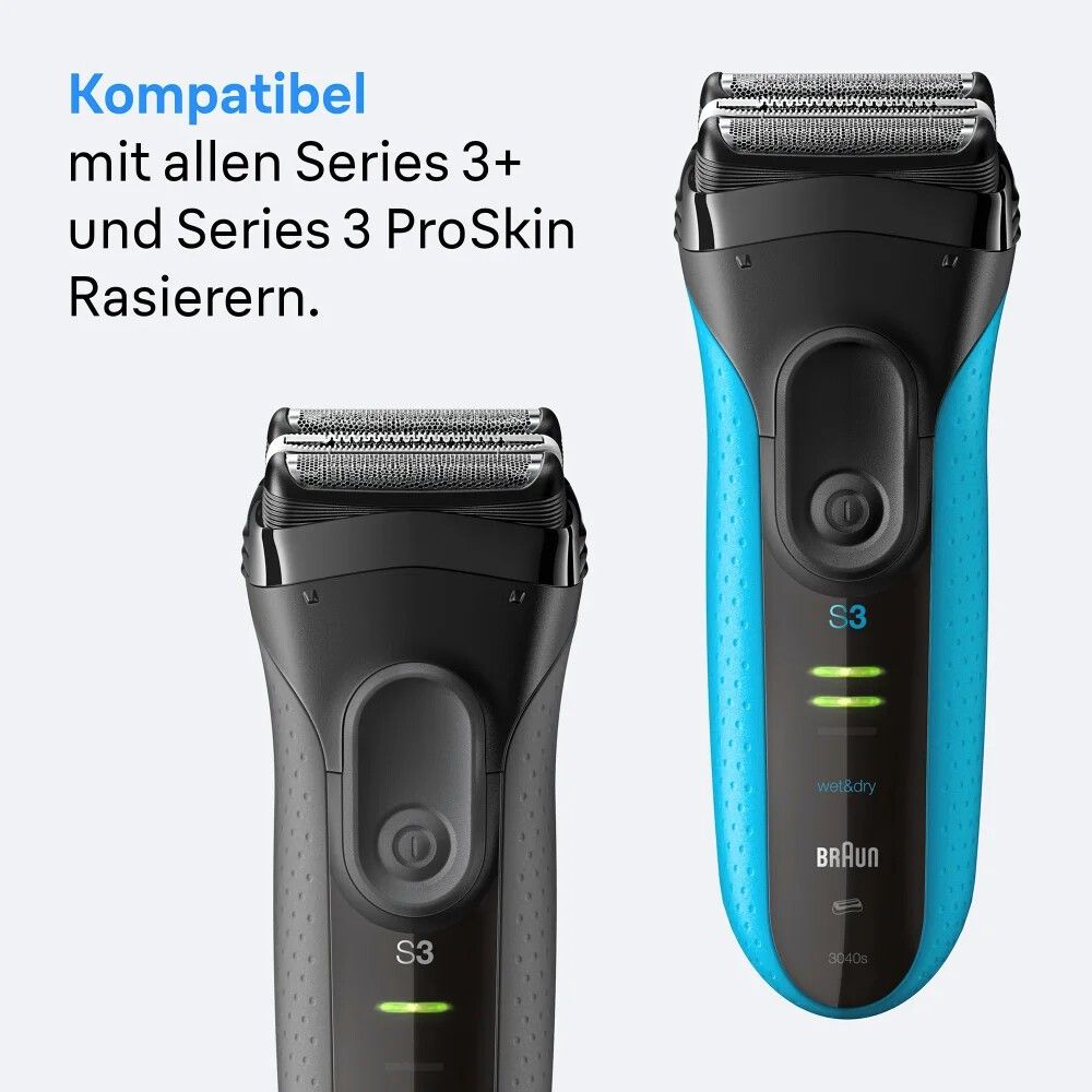 Zwei Rasierer: Schwarz und blau. Text: Kompatibel mit allen Series 3+ und Series 3 ProSkin Rasierern.