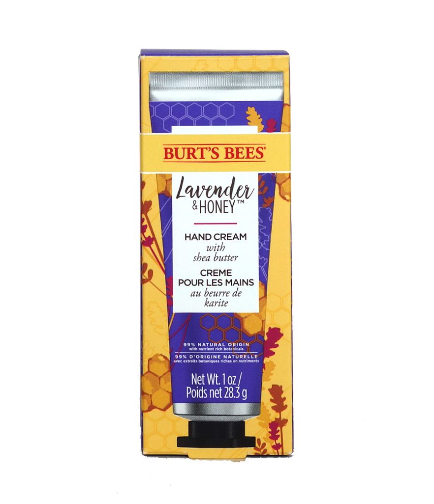 Handcreme-Tube in Schachtel. Produktname: Burt's Bees Lavender & Honey. Text: Handcreme mit Sheabutter.