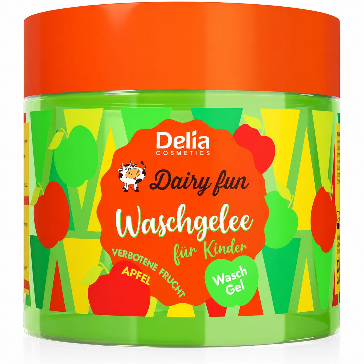 Grünes Waschgel für Kinder mit Apfelduft in einem runden Behälter mit orangefarbenem Deckel.