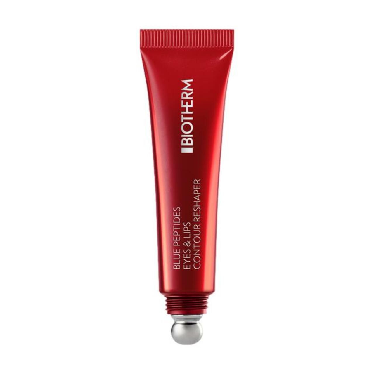 Rote Tube mit silbernem Applikator. Aufschrift: BIOTHERM, BLUE PEPTIDES EYES & LIPS CONTOUR RESHAPER.