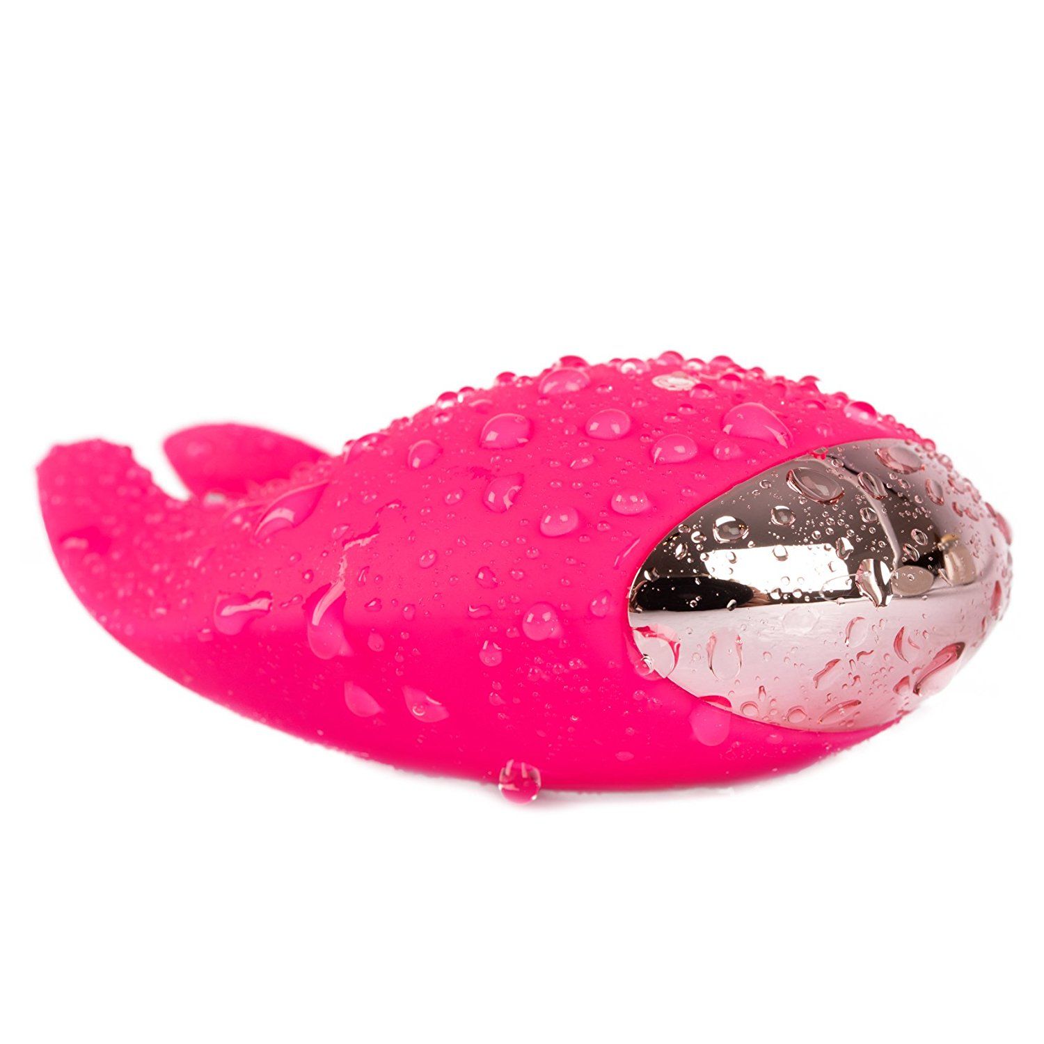 Rosa Silikon-Stimulator mit Wassertropfen. Tropfenform mit Öffnung. Silberfarbene Unterseite.