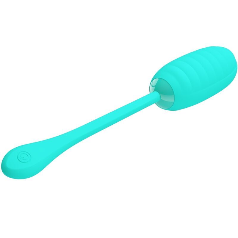 Türkisfarbenes, eiförmiges Produkt mit geriffelter Oberfläche und langem, flexiblem Stiel. Perspektivische Ansicht.