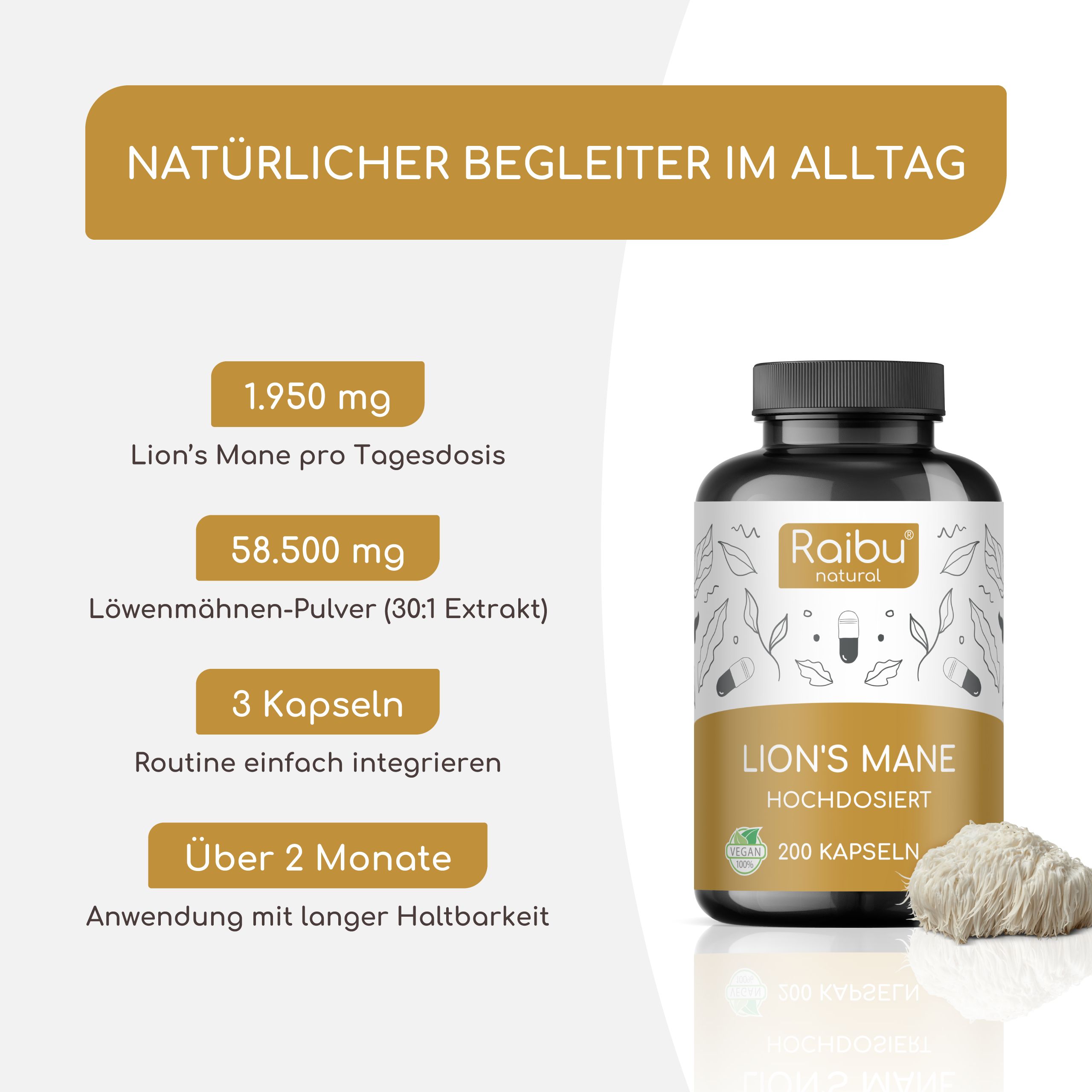 Flasche mit gelbem Etikett und Text. Aufschrift: Lion's Mane, 200 Kapseln. Löwenmähnen-Pulver.