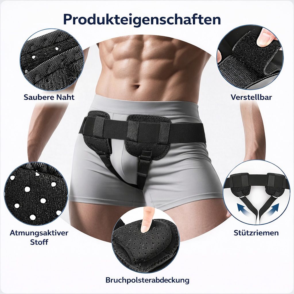 Schwarze Leistenbandage mit zwei Polstern, auf Mann getragen. Produktmerkmale: atmungsaktiver Stoff, verstellbar, Stützriemen, saubere Naht, Polster.