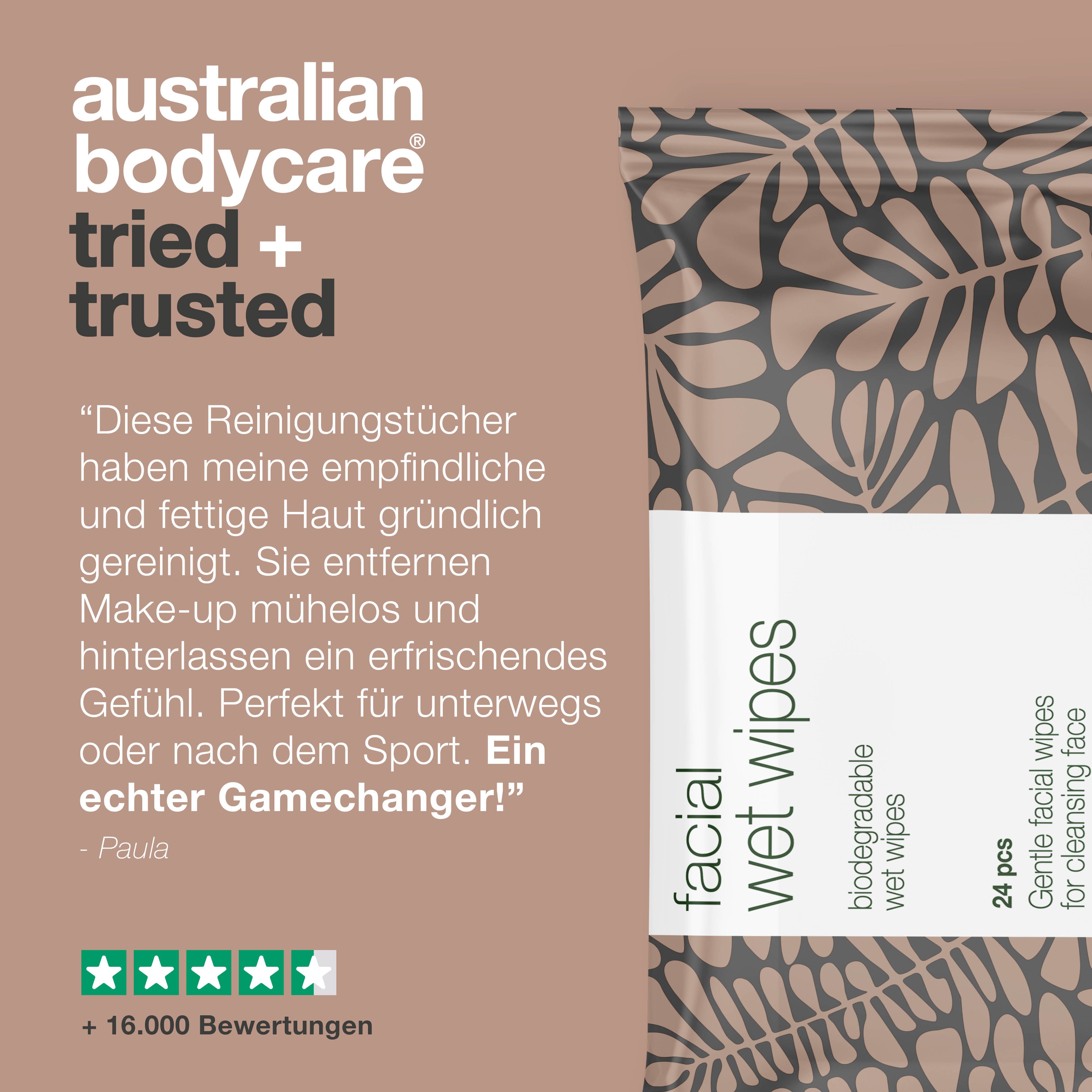 Verpackung mit Abschminktüchern von Australian Bodycare. 24 Stück. Zitat und 5-Sterne-Bewertung.